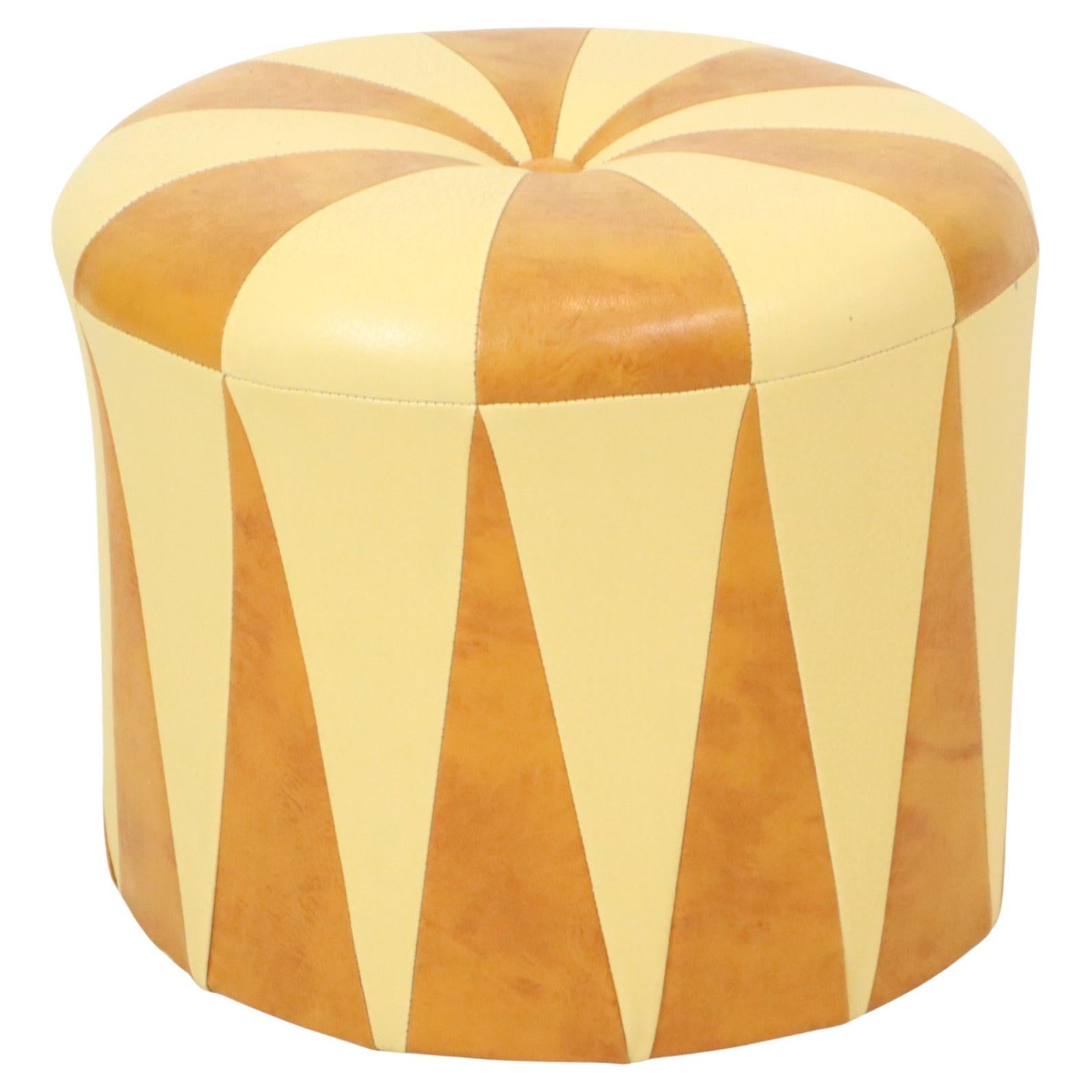 Round Vintage Pouf Brown Beige Two-tone Skai Sixties For Sale