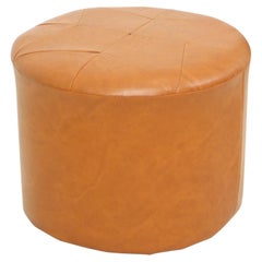 Round Vintage Pouf Brown Skai Leather Star Motif Sixties