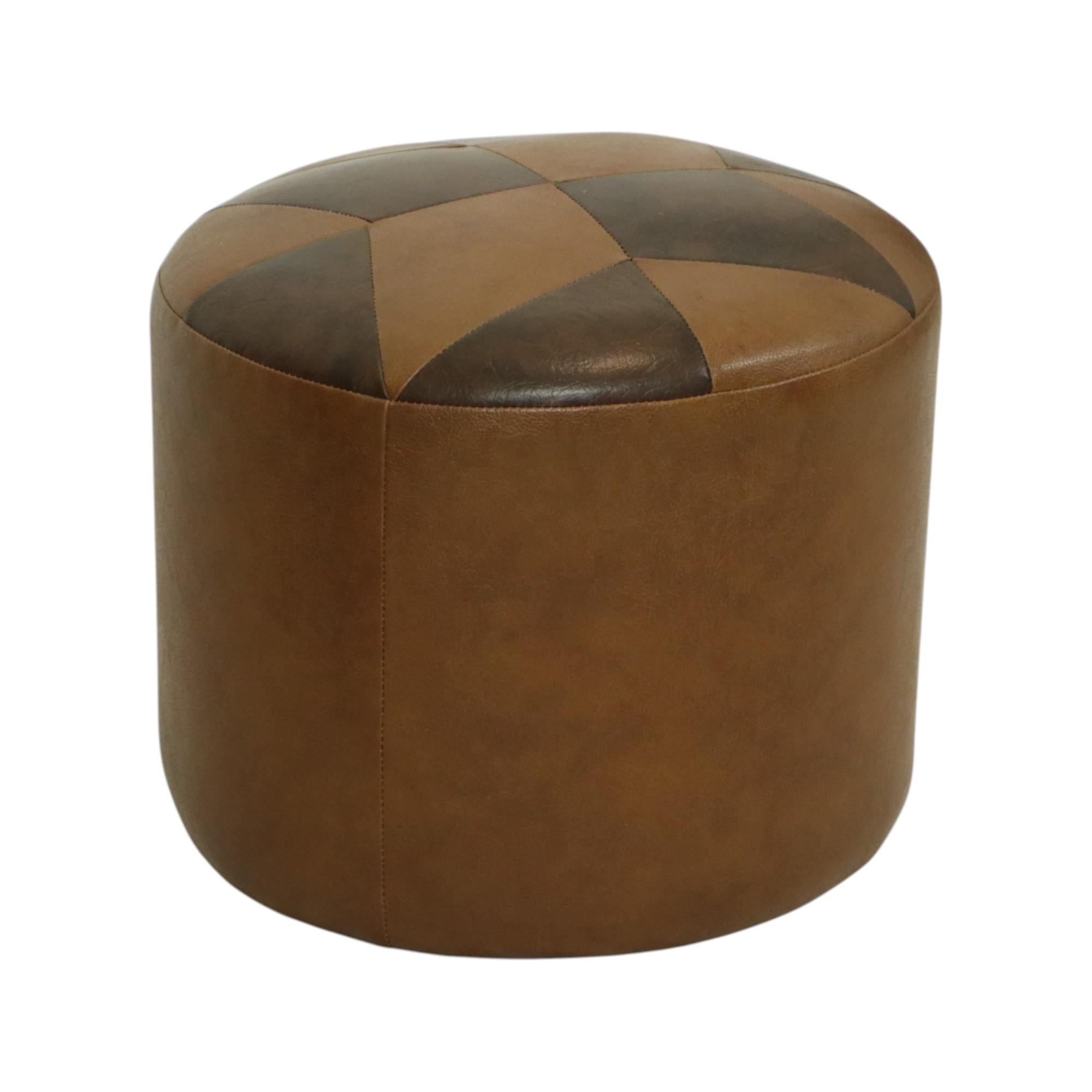 Belgian Round Vintage Pouf Brown Star Motif Skai Sixties For Sale