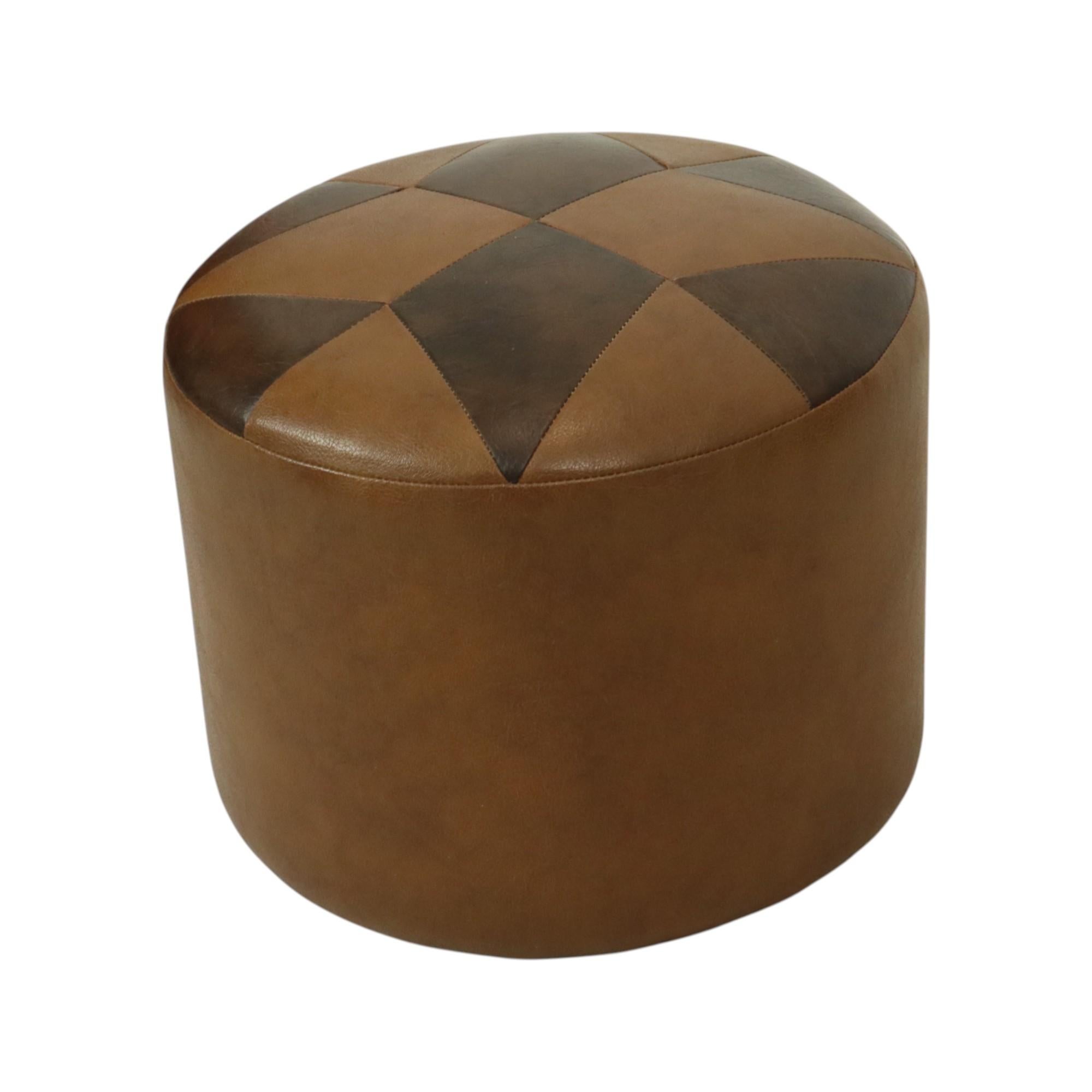 Patchwork Round Vintage Pouf Brown Star Motif Skai Sixties For Sale