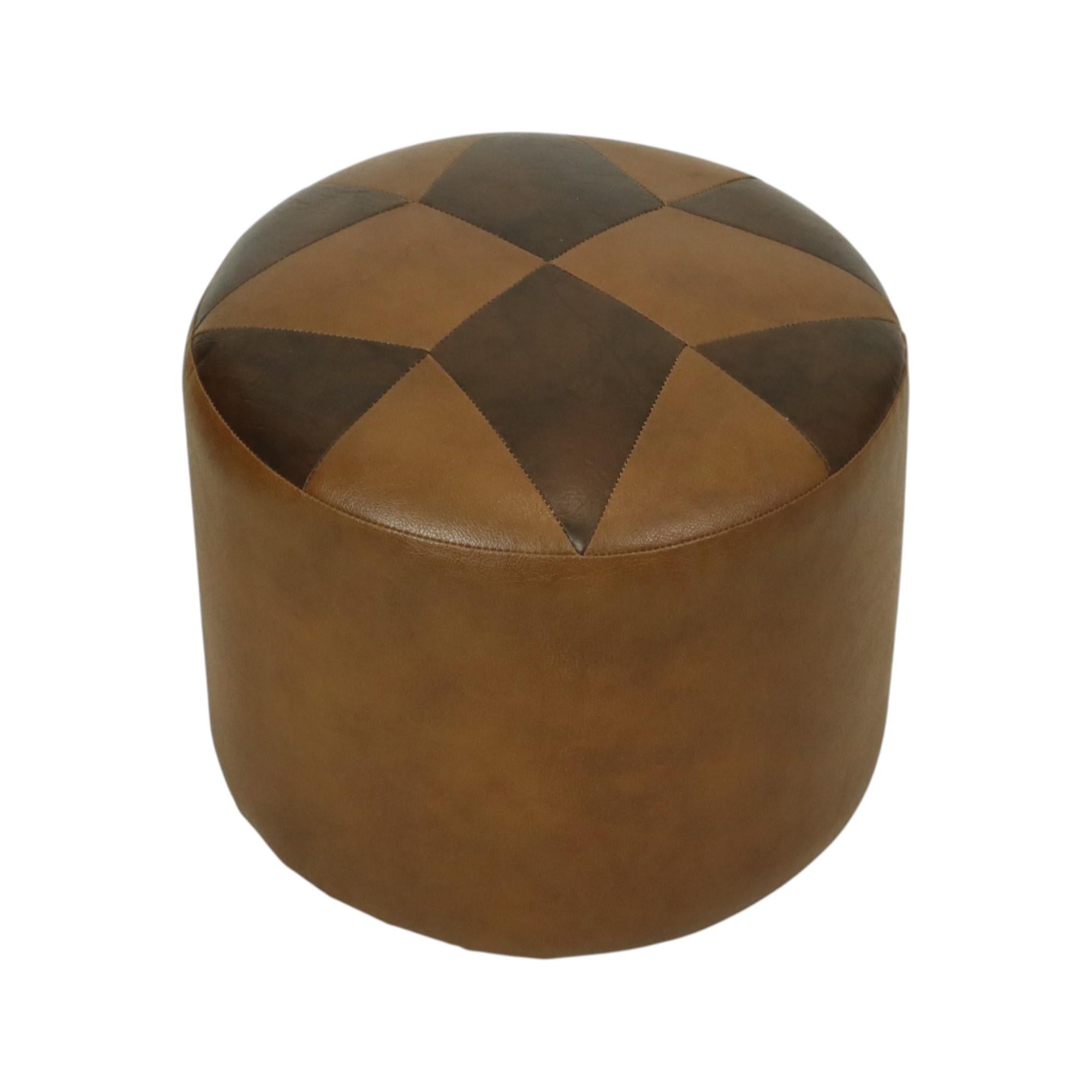 Round Vintage Pouf Brown Star Motif Skai Sixties For Sale