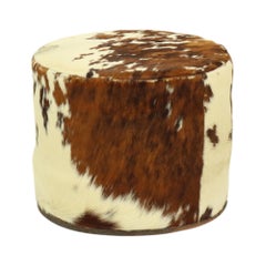 Round Vintage Pouf Cowhide Leather Sixties 47cm