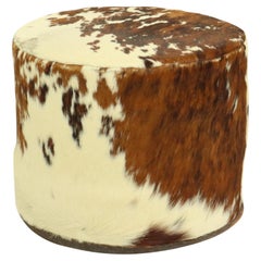 Round Used Pouf Cowhide Leather Sixties 47cm
