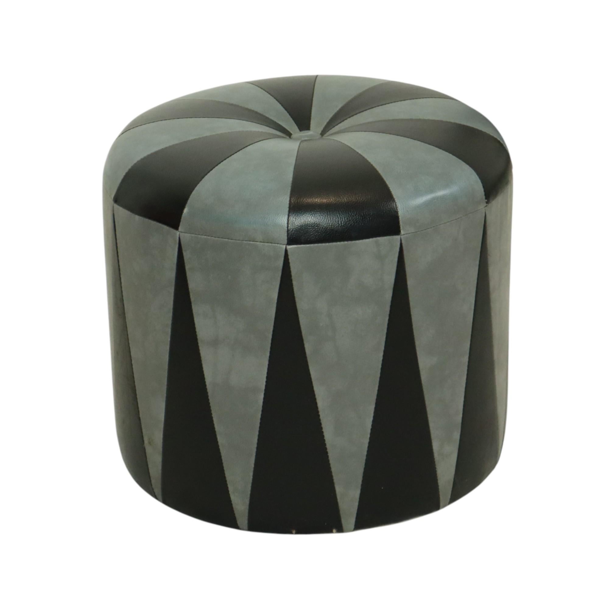 Patchwork Round Vintage Pouf Gray Black Two-tone Skai Sixties For Sale