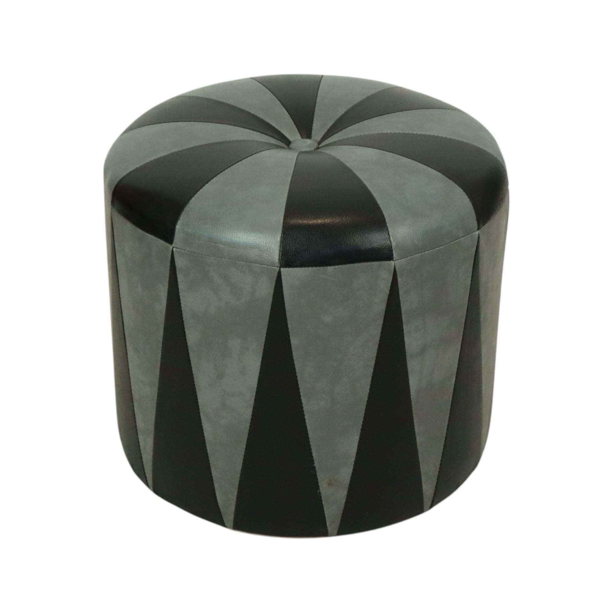 Faux Leather Round Vintage Pouf Gray Black Two-tone Skai Sixties For Sale