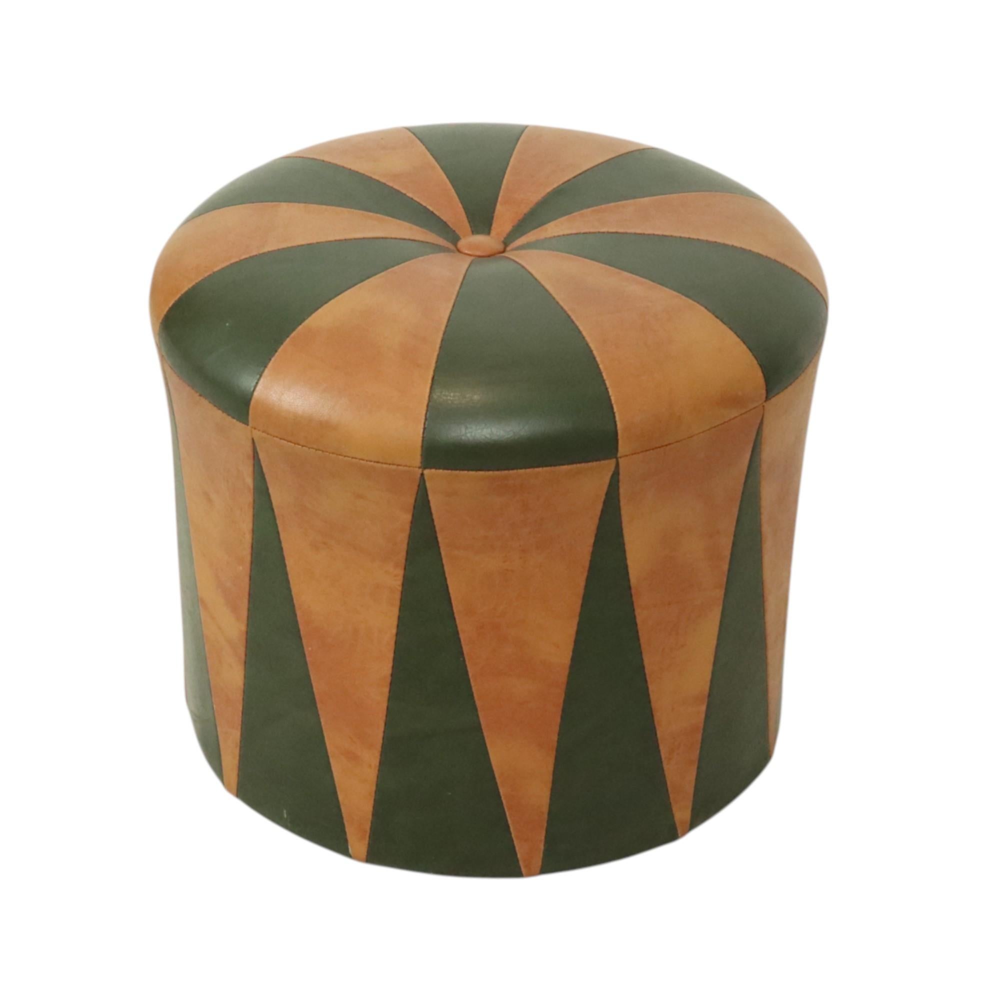 Belgian Round Vintage Pouf Green Brown Two-tone Skai Sixties For Sale