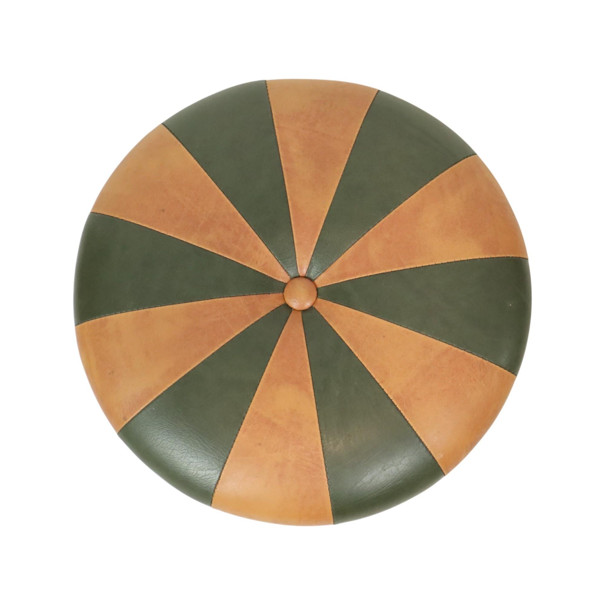 Faux Leather Round Vintage Pouf Green Brown Two-tone Skai Sixties For Sale