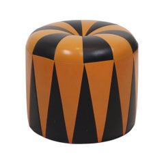 Round Vintage Pouf, Orange and Black Faux Leather (Skai), 1960s
