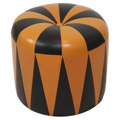 Round Vintage Pouf, Orange and Black Faux Leather (Skai), 1960s