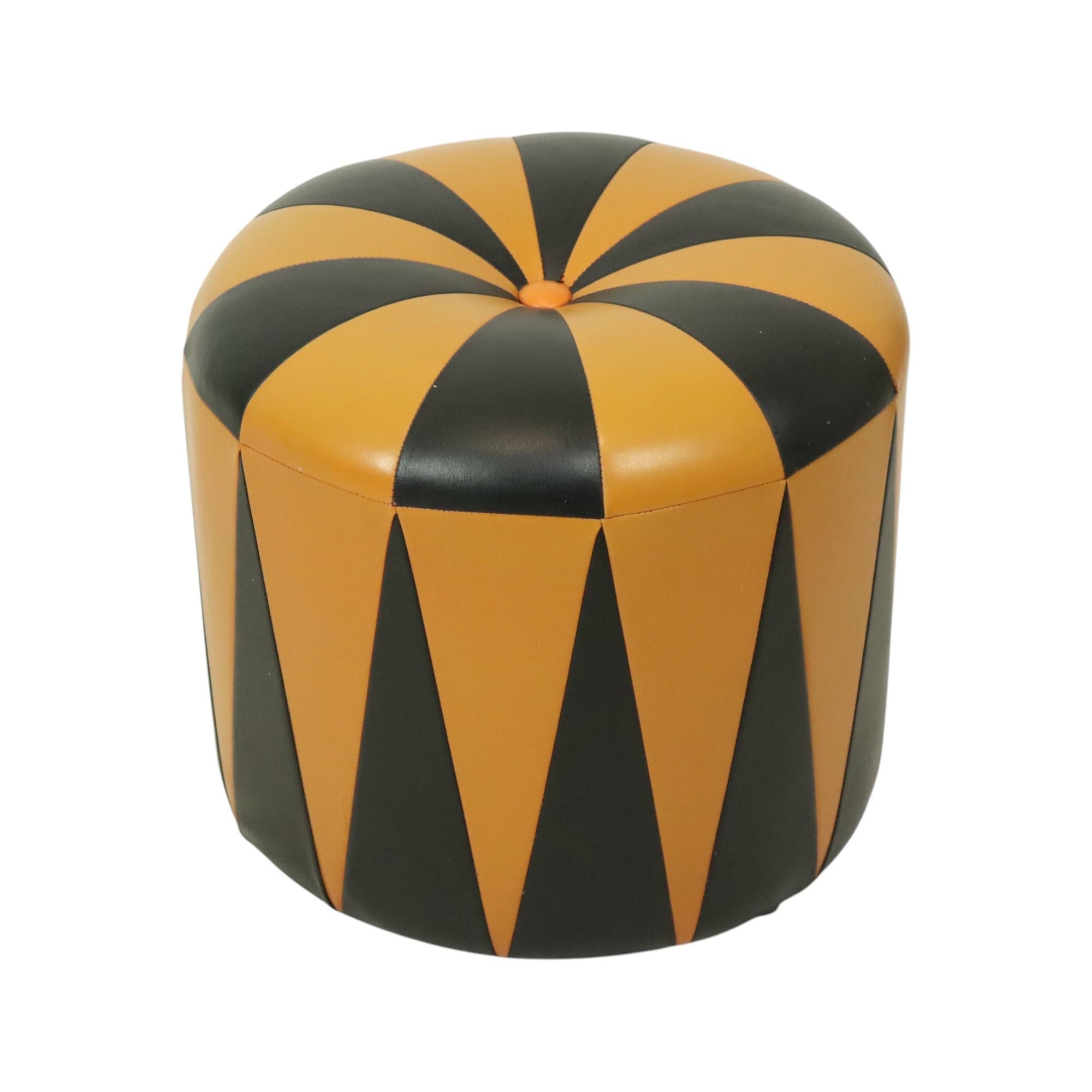 Round Vintage Pouf Orange Black Leatherette 1960s For Sale 8