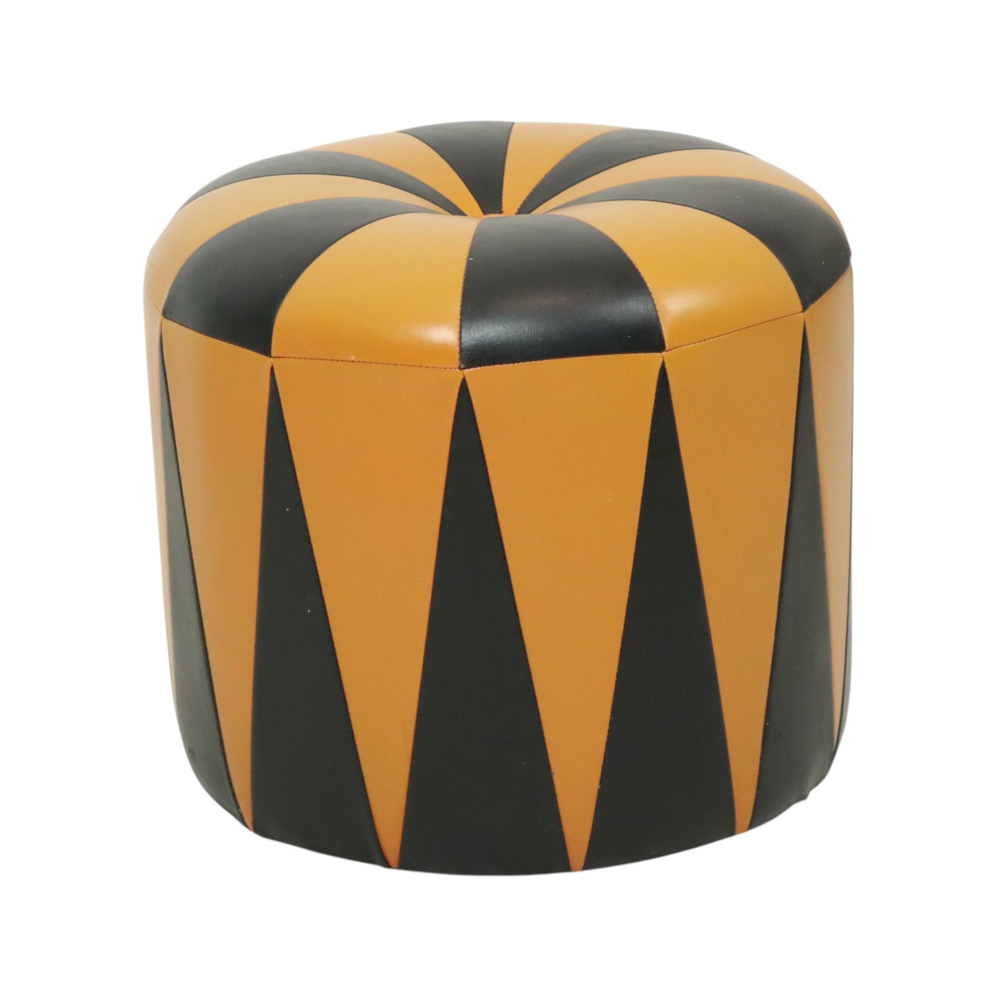 Belgian Round Vintage Pouf Orange Black Leatherette 1960s For Sale