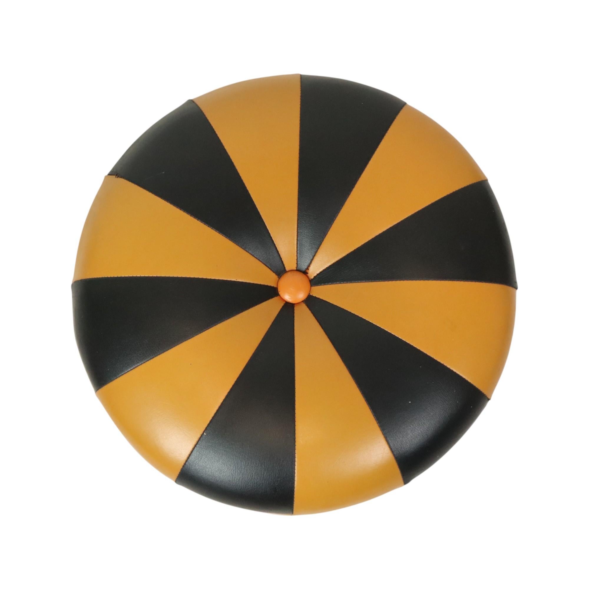 Mid-20th Century Round Vintage Pouf Orange Black Leatherette 1960s For Sale