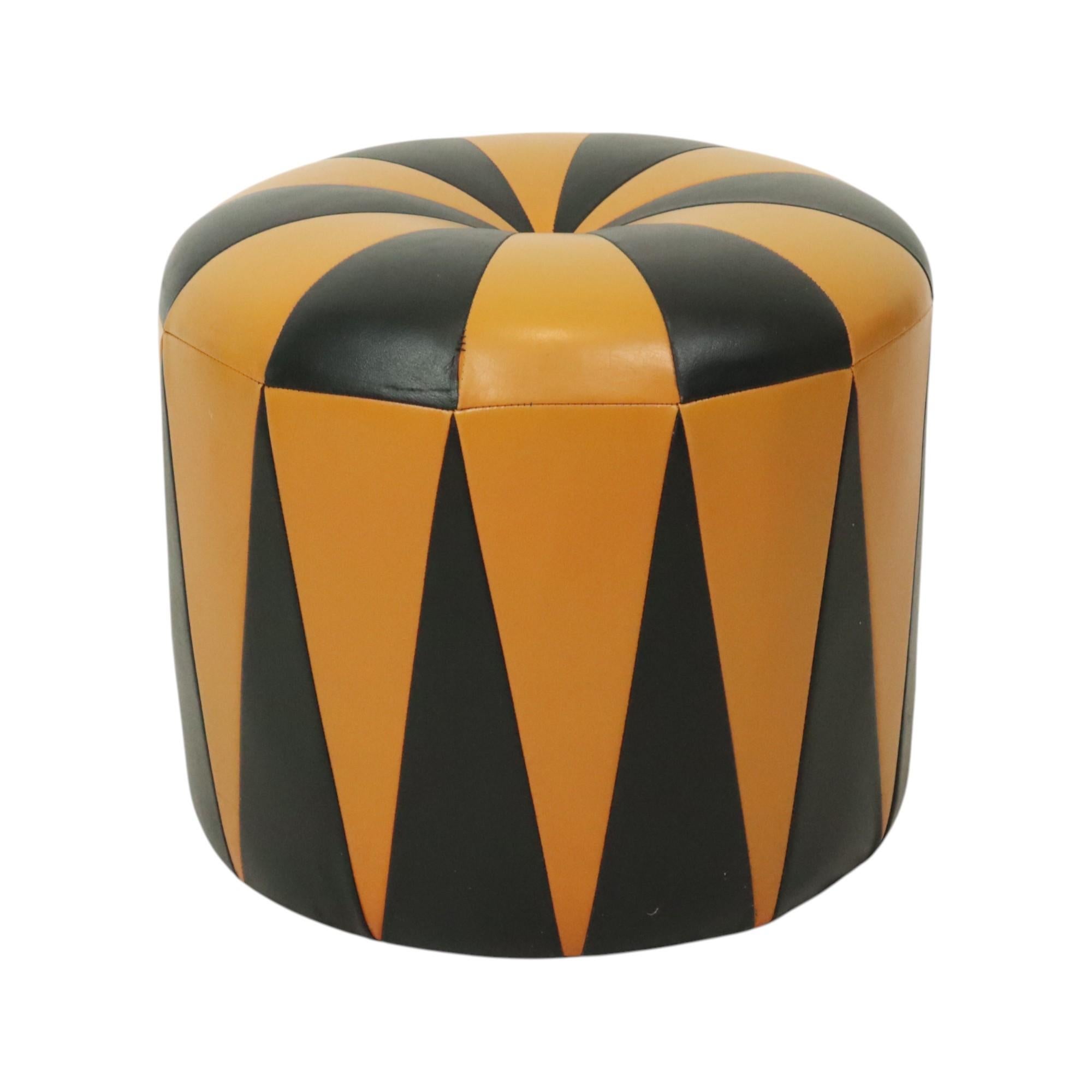 Faux Leather Round Vintage Pouf Orange Black Leatherette 1960s For Sale