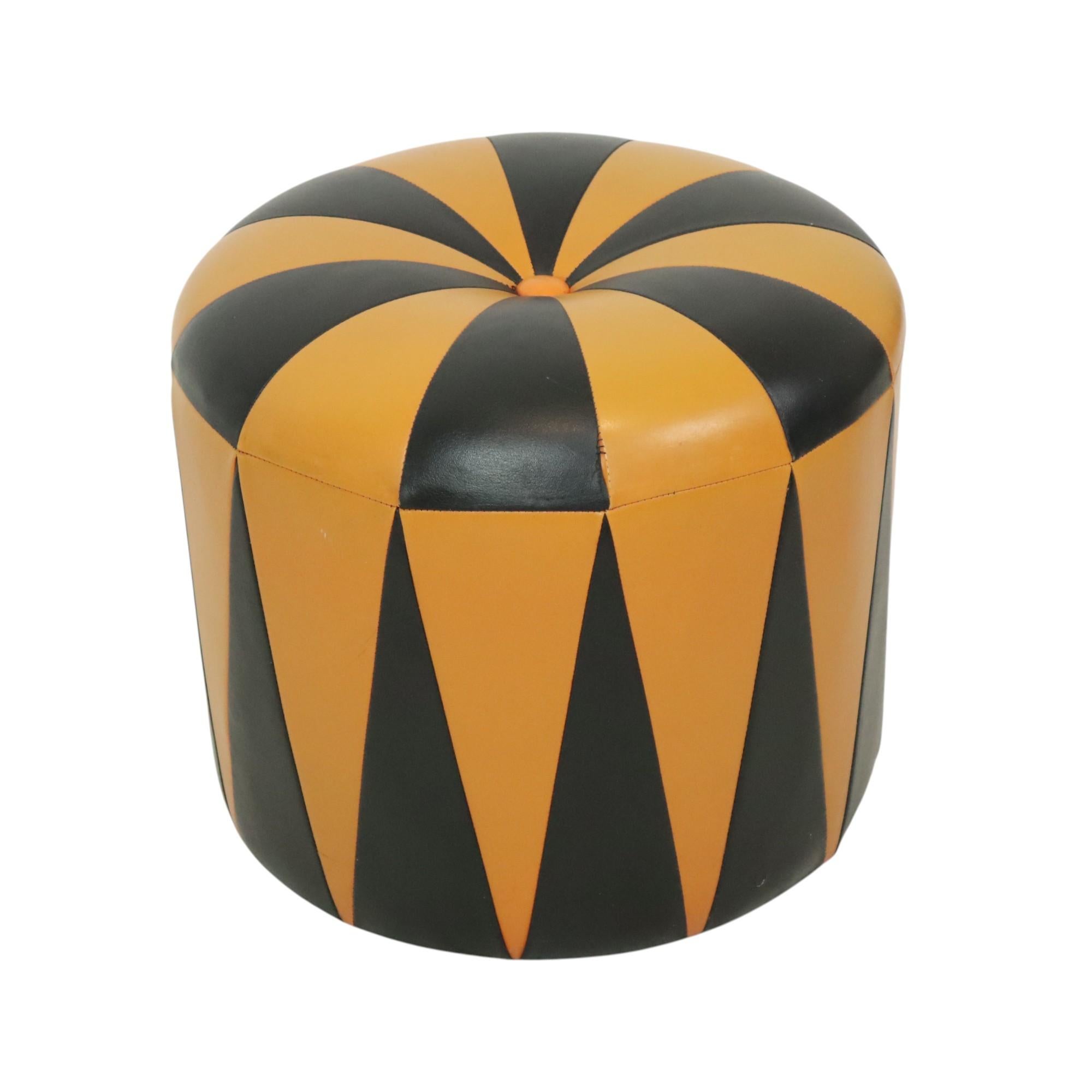 Round Vintage Pouf Orange Black Leatherette 1960s For Sale 1