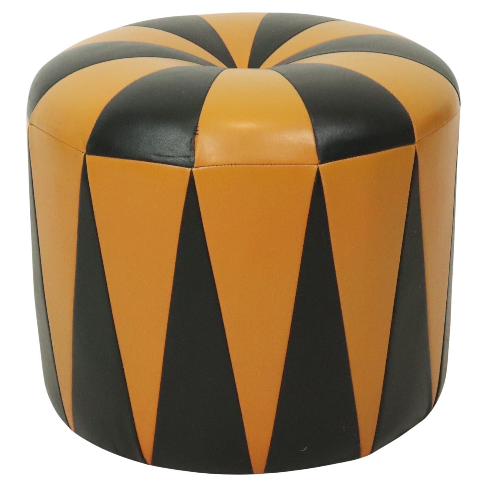 Round Vintage Pouf Orange Black Leatherette 1960s For Sale