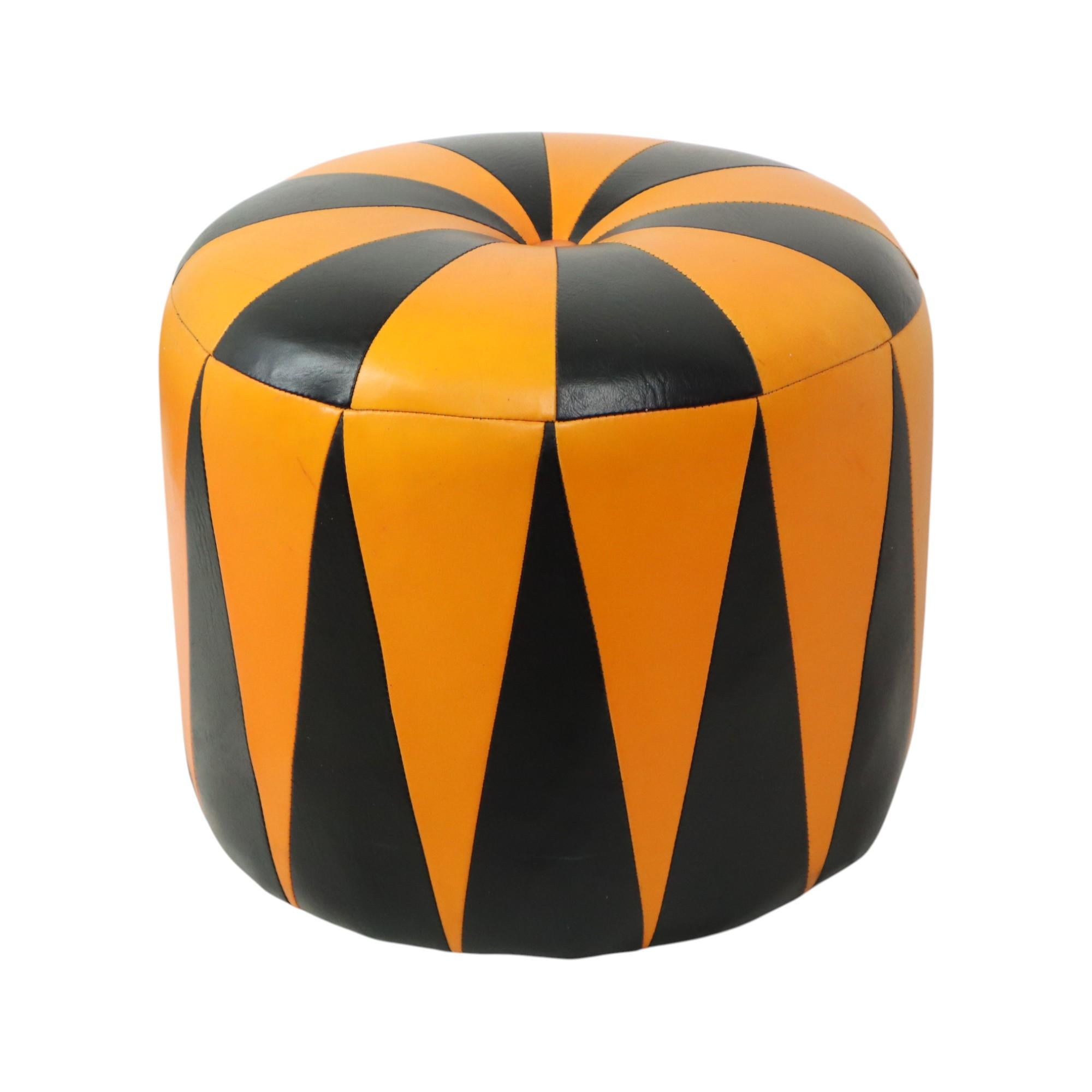 Belgian Round Vintage Pouf Orange Black Two-tone Skai Sixties For Sale