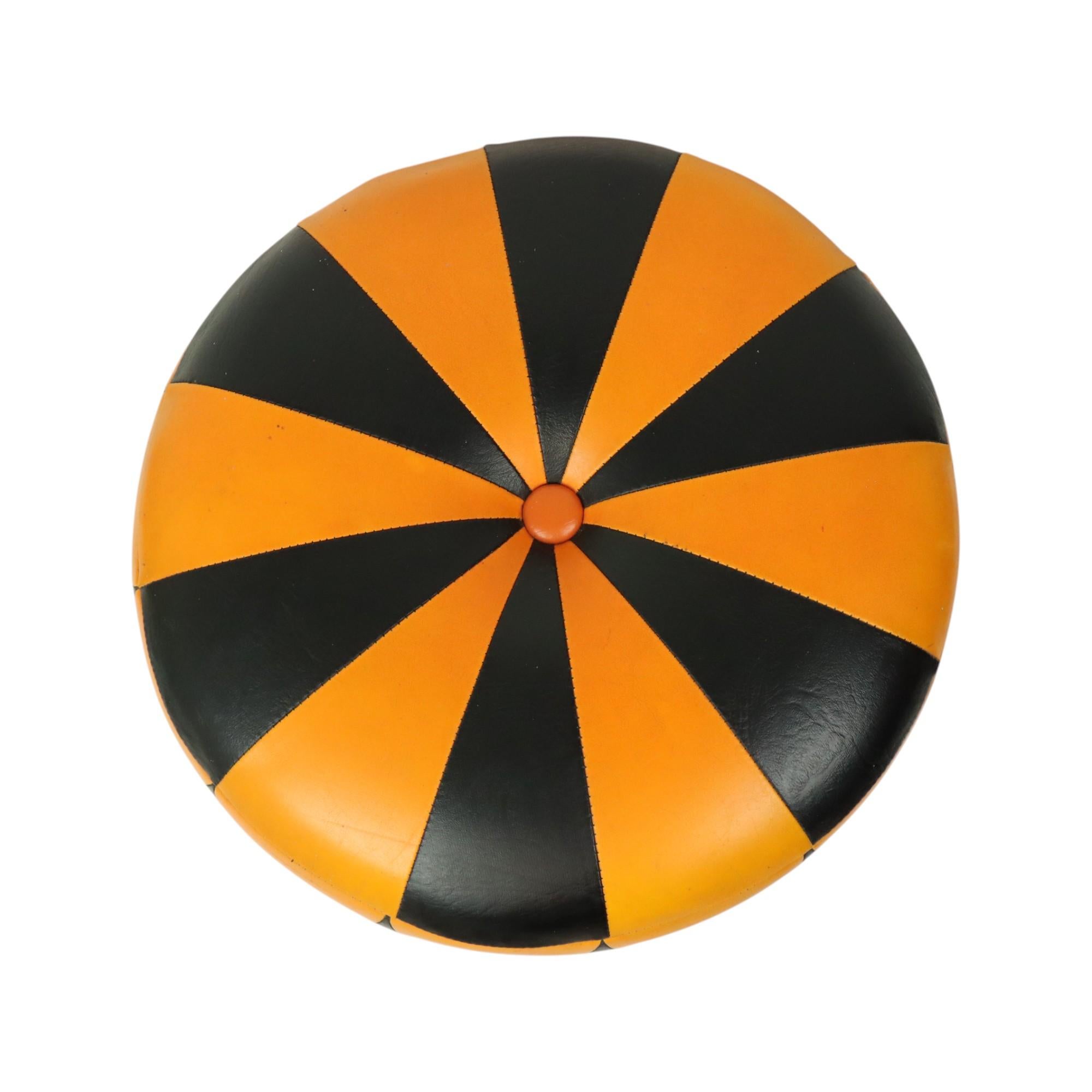 Patchwork Round Vintage Pouf Orange Black Two-tone Skai Sixties For Sale