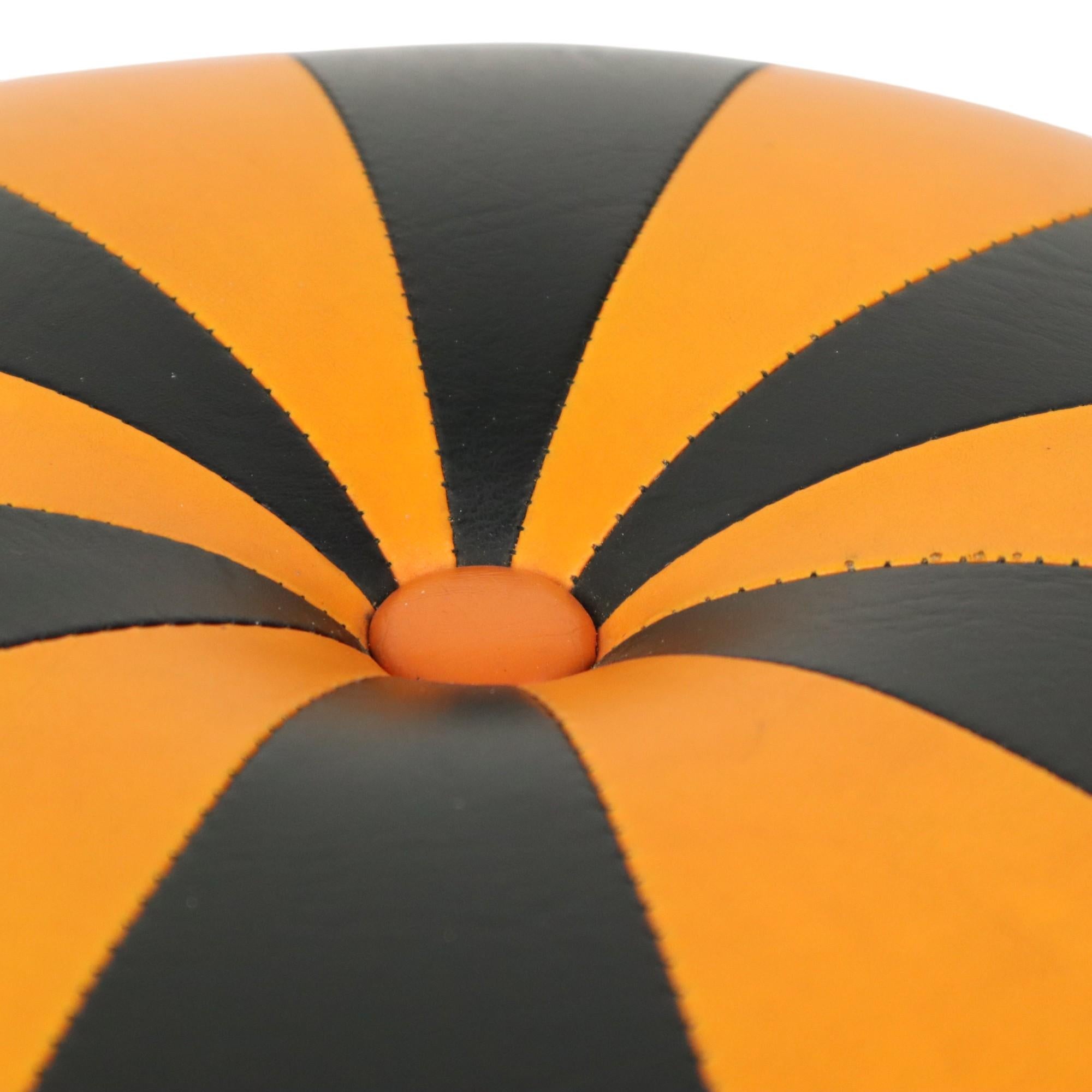 Faux Leather Round Vintage Pouf Orange Black Two-tone Skai Sixties For Sale