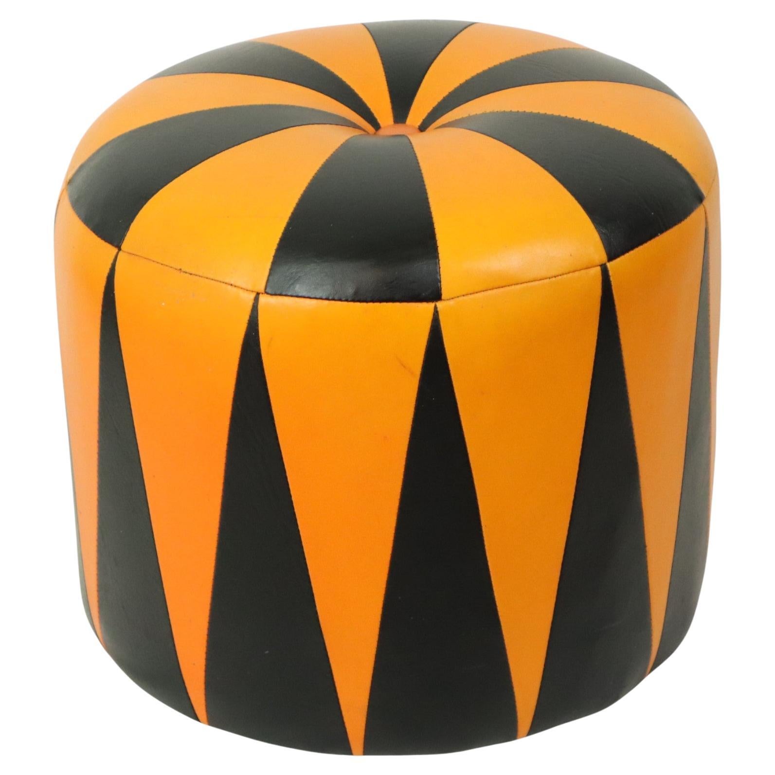 Round Vintage Pouf Orange Black Two-tone Skai Sixties For Sale