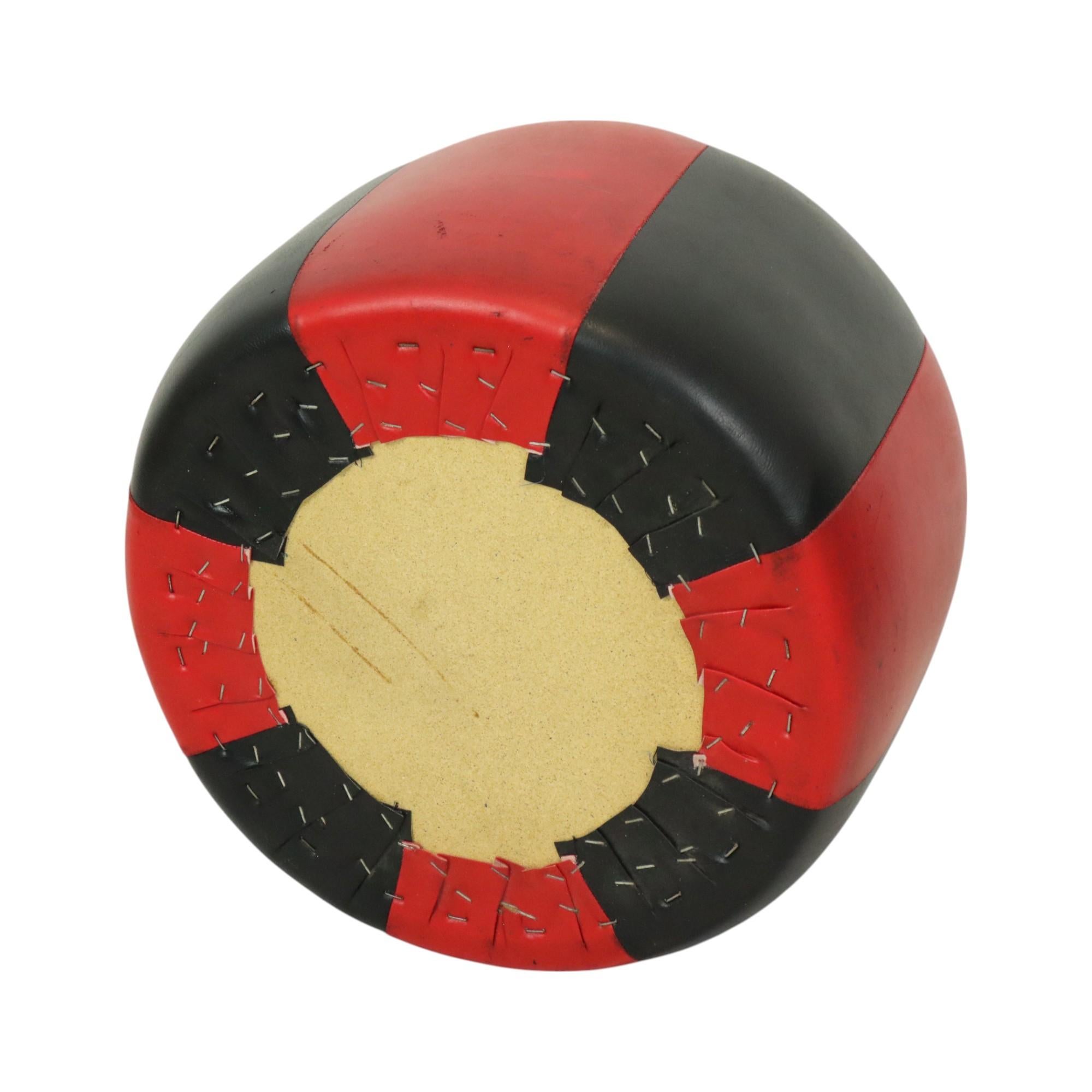 Round Vintage Red Black Pouf Two-Tone Skai Leather Sixties 6