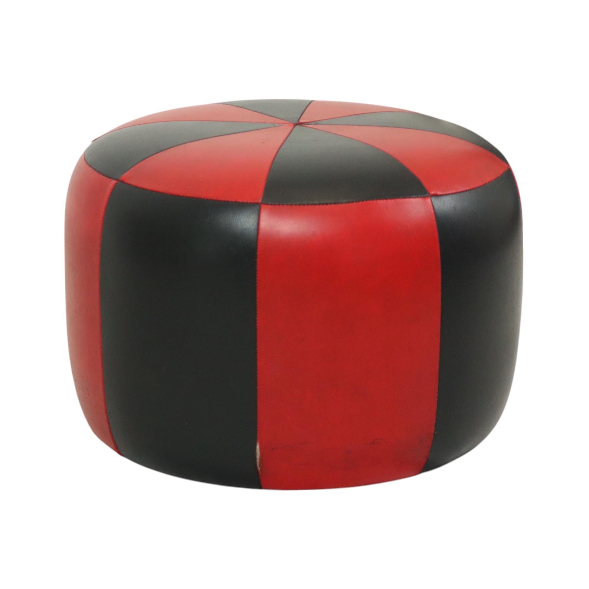 Belgian Round Vintage Red Black Pouf Two-Tone Skai Leather Sixties