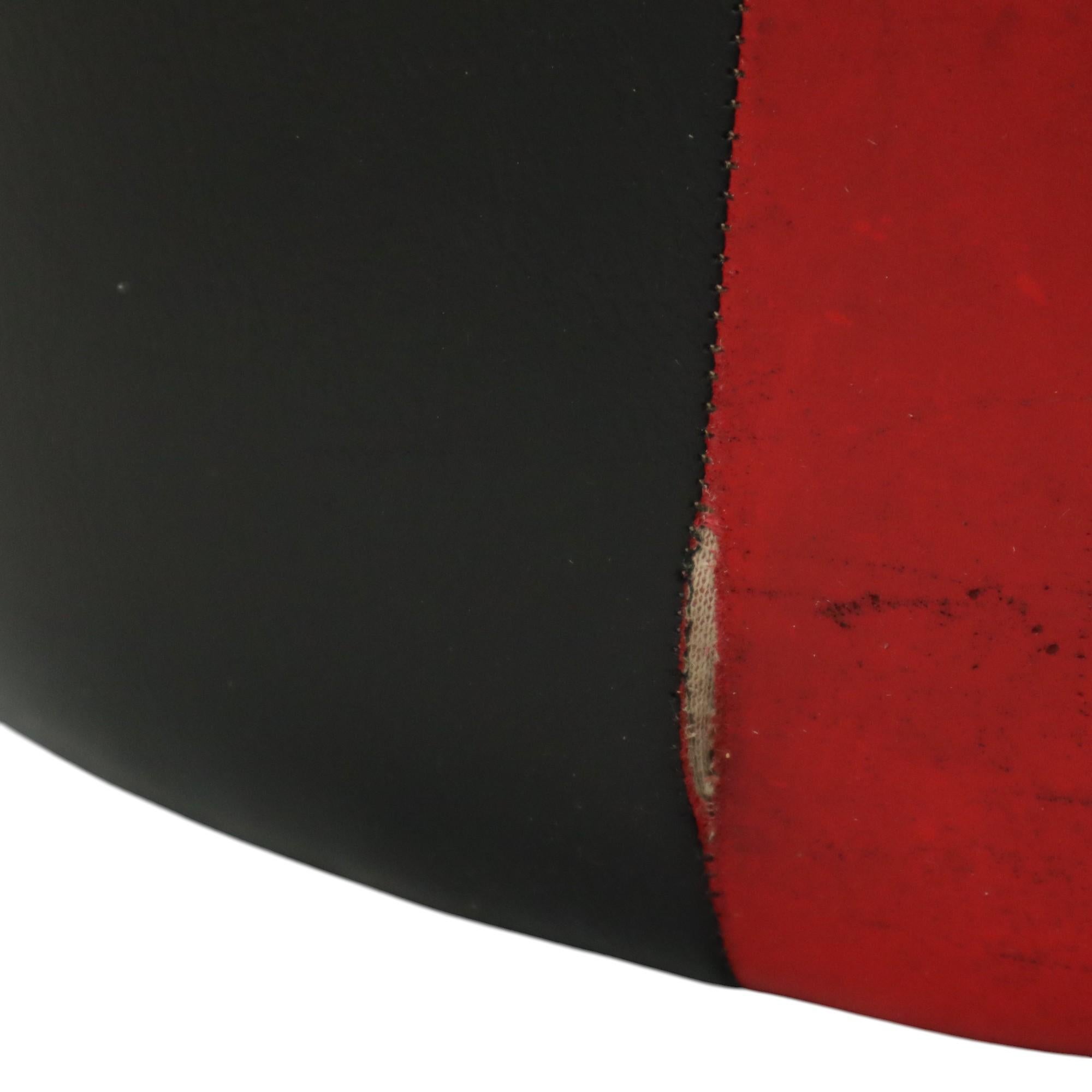 Mid-20th Century Round Vintage Red Black Pouf Two-Tone Skai Leather Sixties