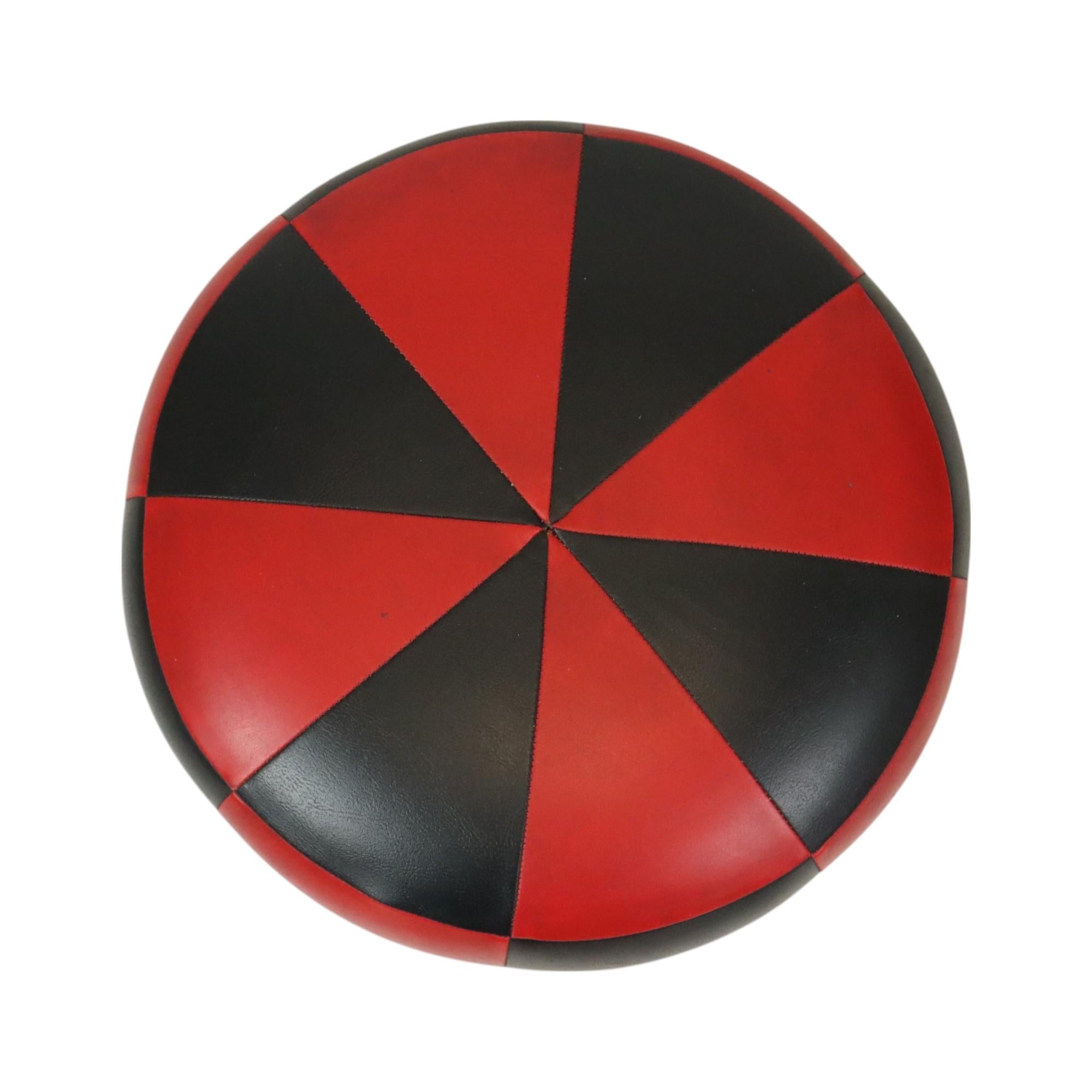 Faux Leather Round Vintage Red Black Pouf Two-Tone Skai Leather Sixties