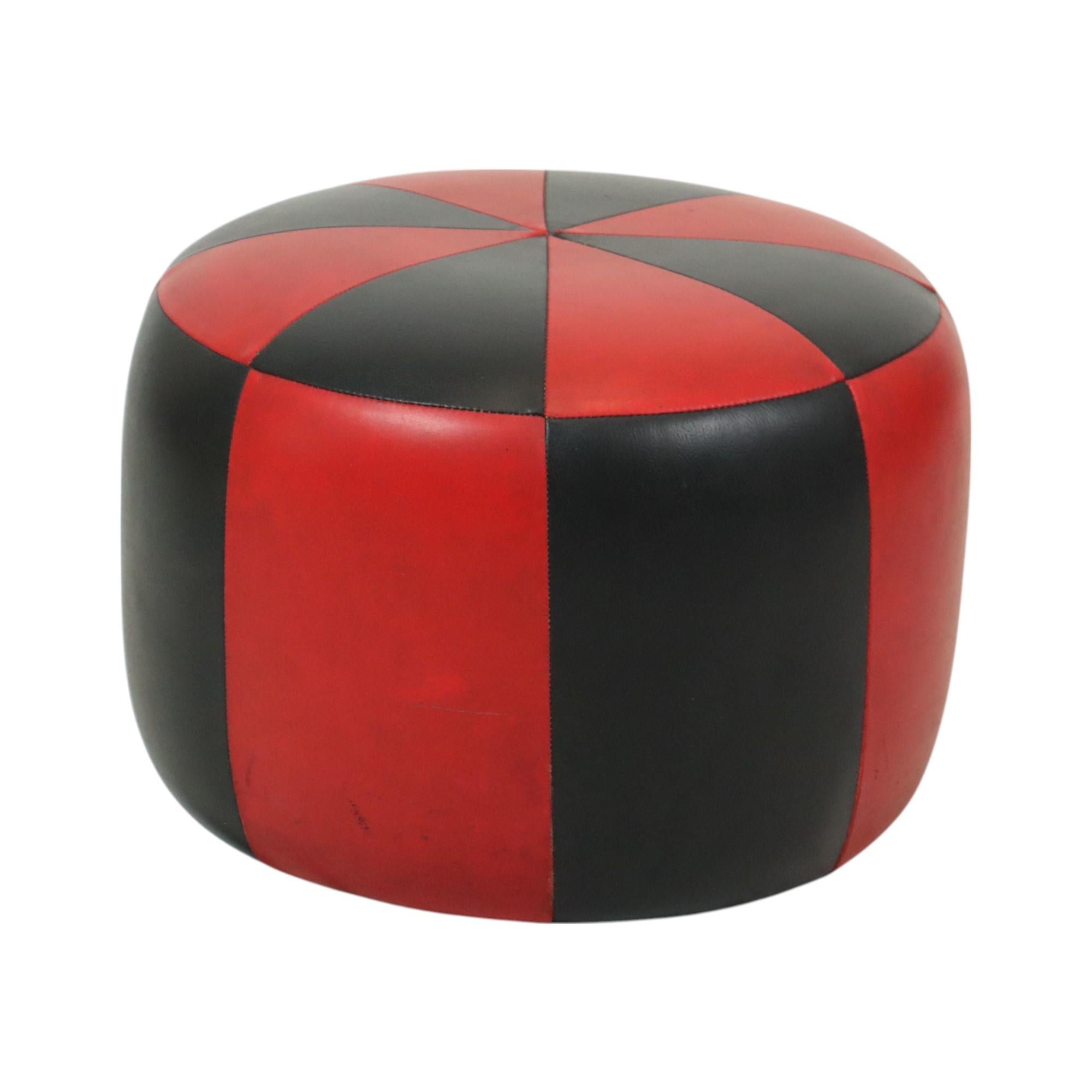 Round Vintage Red Black Pouf Two-Tone Skai Leather Sixties 1