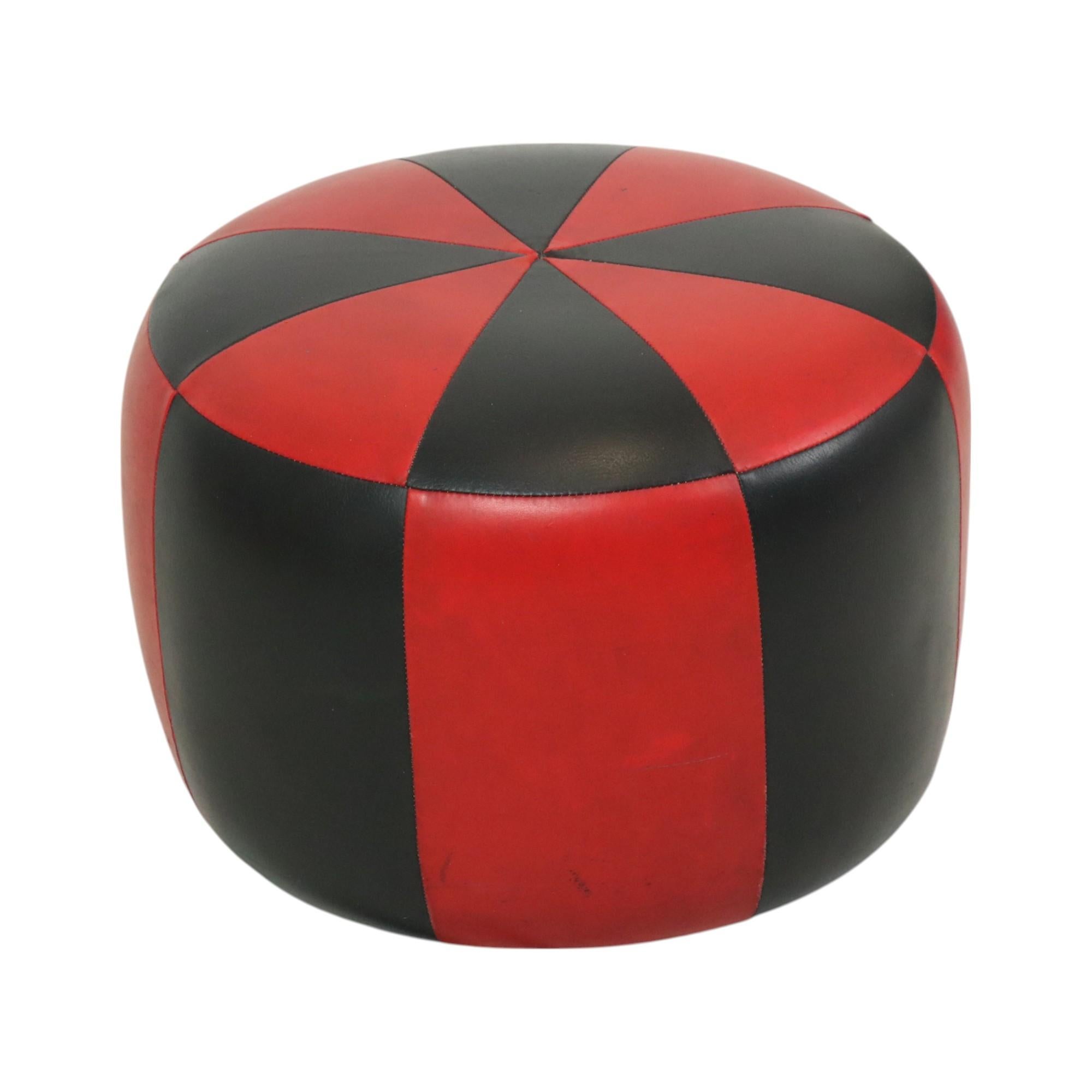 Round Vintage Red Black Pouf Two-Tone Skai Leather Sixties 2