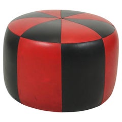 Round Vintage Red Black Pouf Two-Tone Skai Leather Sixties
