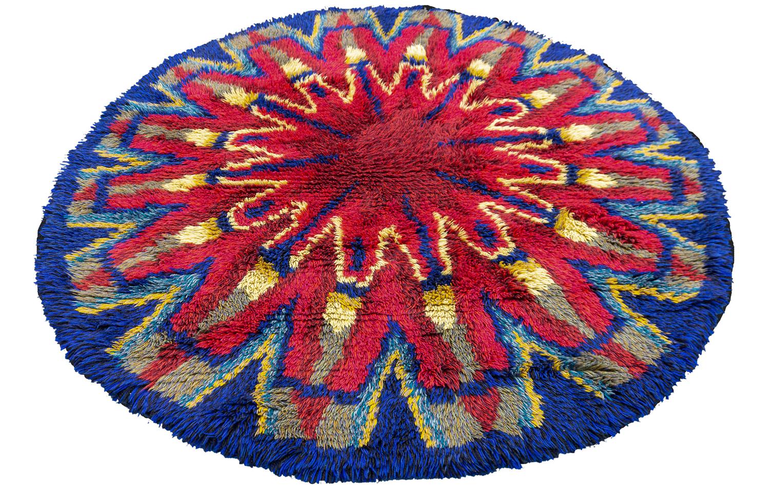 Hand-Knotted Round Vintage Red & Blue Rya Swedish Starburst Design Rug, 1950-1970