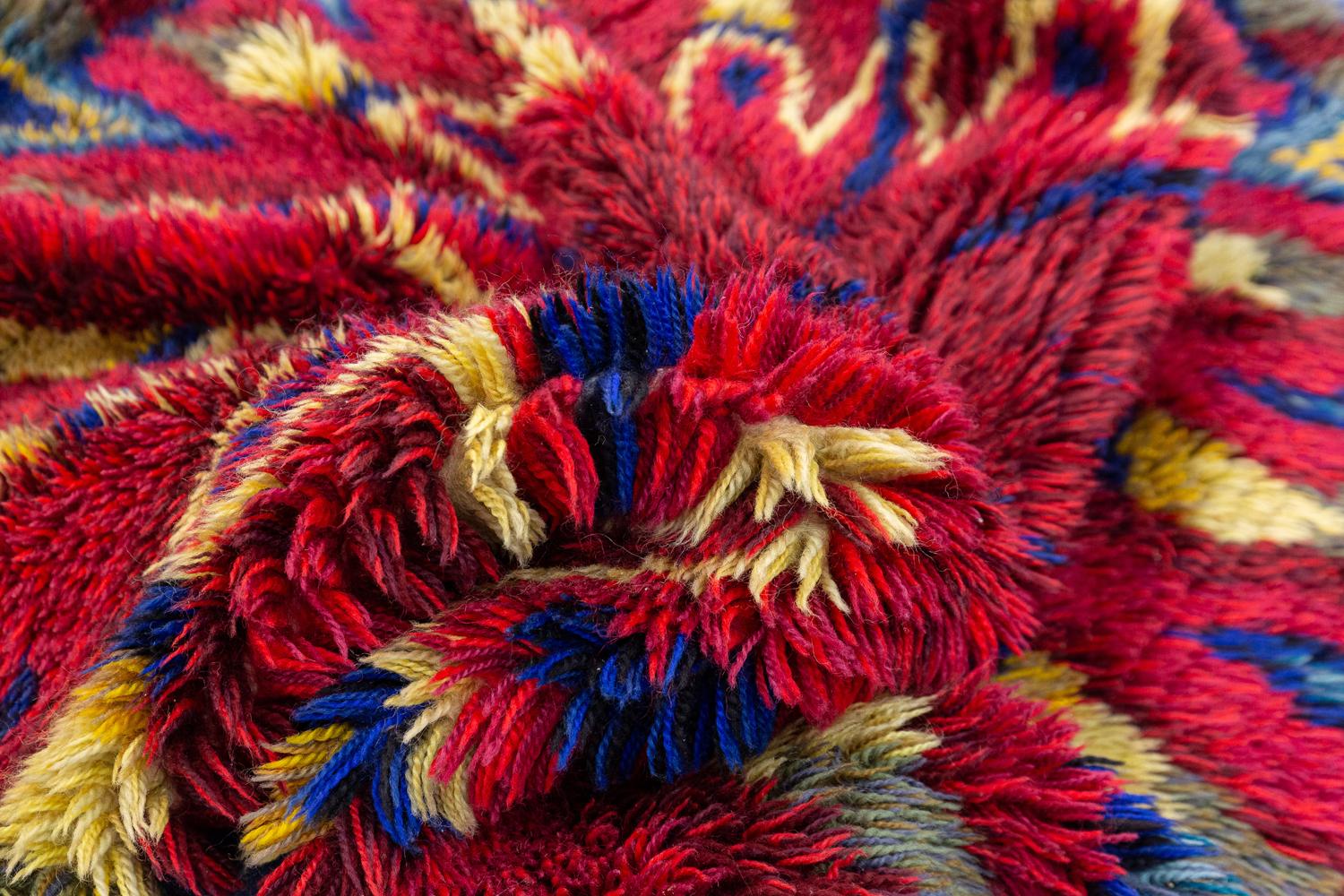 Wool Round Vintage Red & Blue Rya Swedish Starburst Design Rug, 1950-1970