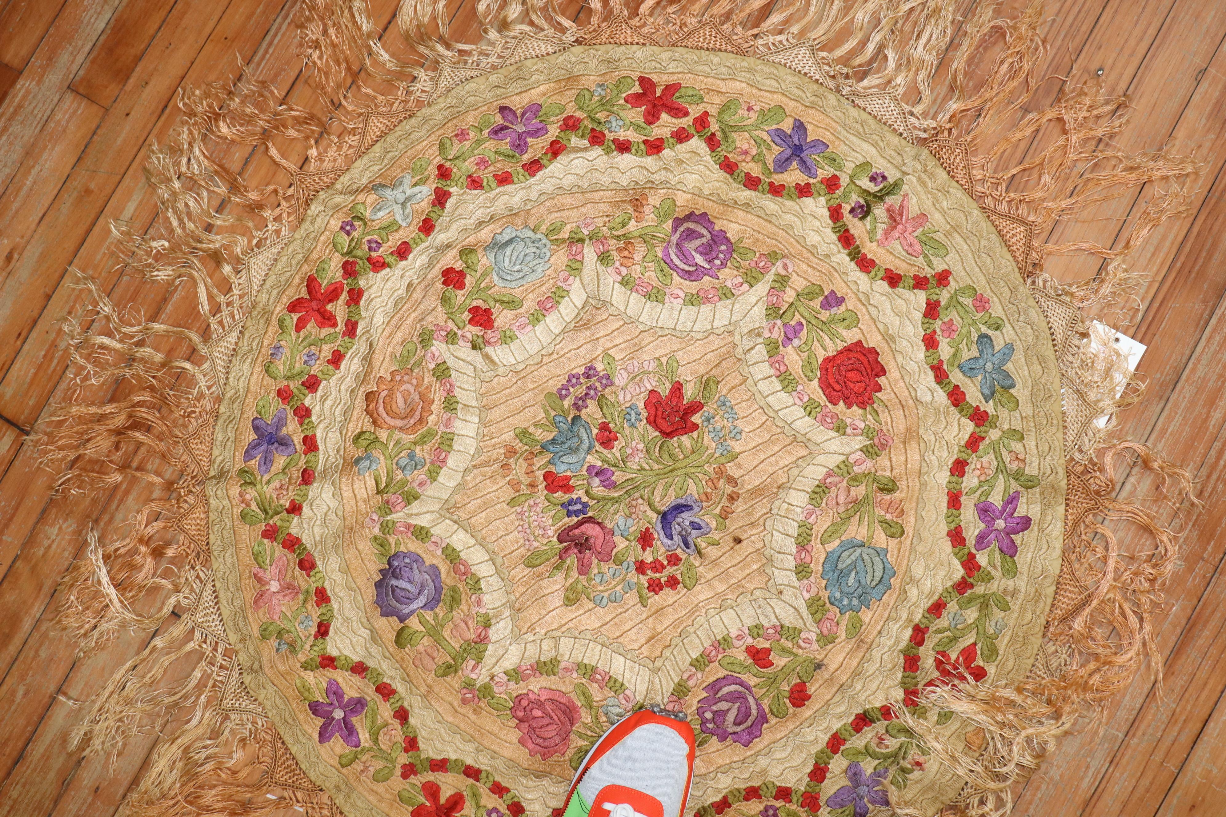 Japonisme Zabihi Collection Round Vintage Hungarian Embroidery Textile For Sale