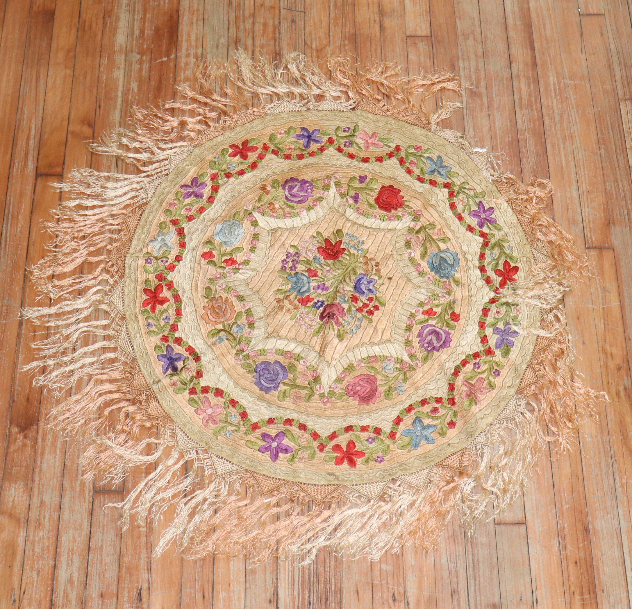 20th Century Zabihi Collection Round Vintage Hungarian Embroidery Textile For Sale