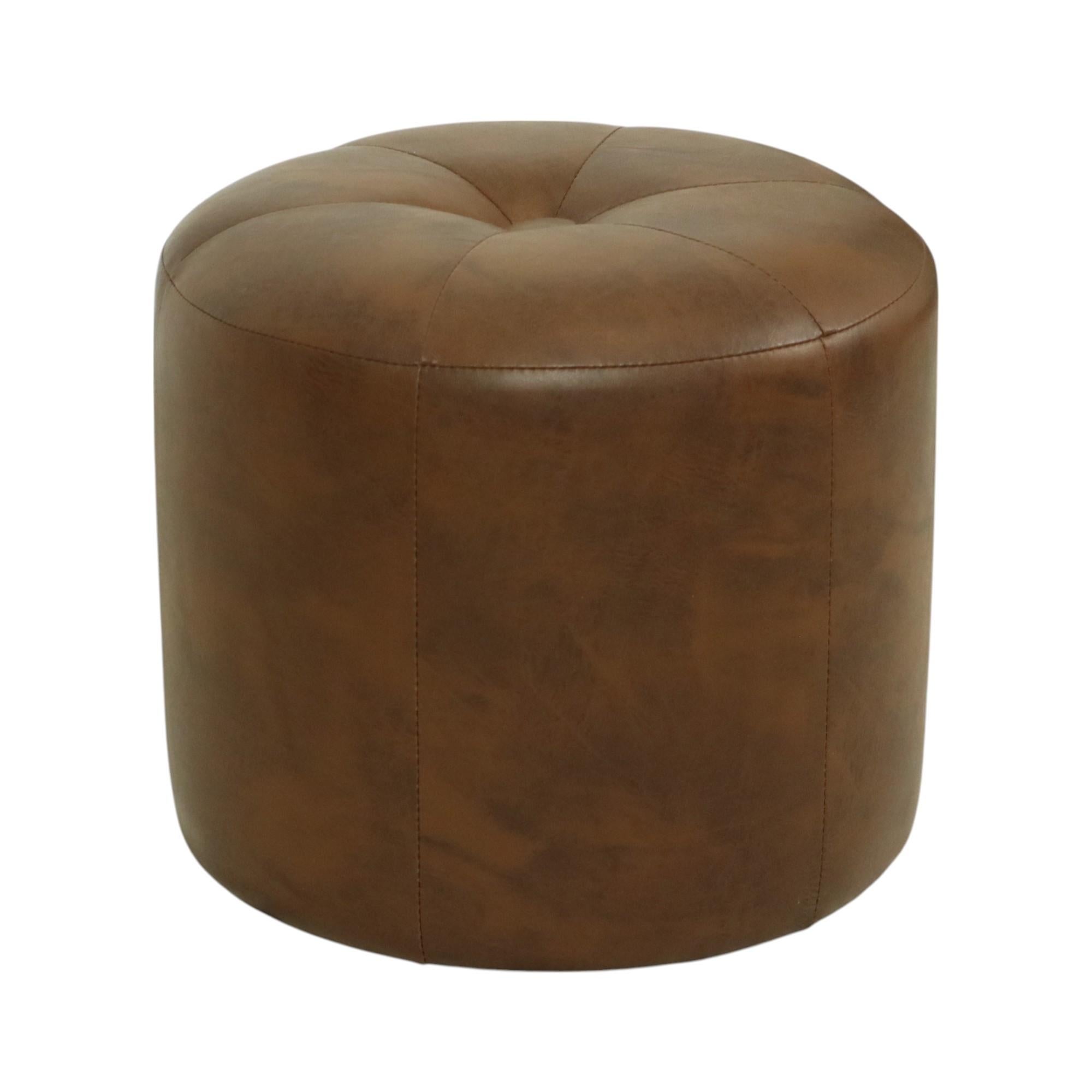 Cool round vintage patchwork pouf, made from a wooden base and upholstered in high-quality brown marbled faux leather, made in Belgium in the 1960s.

In good vintage condition, consistent with age. With signs of wear and tear commensurate with age,