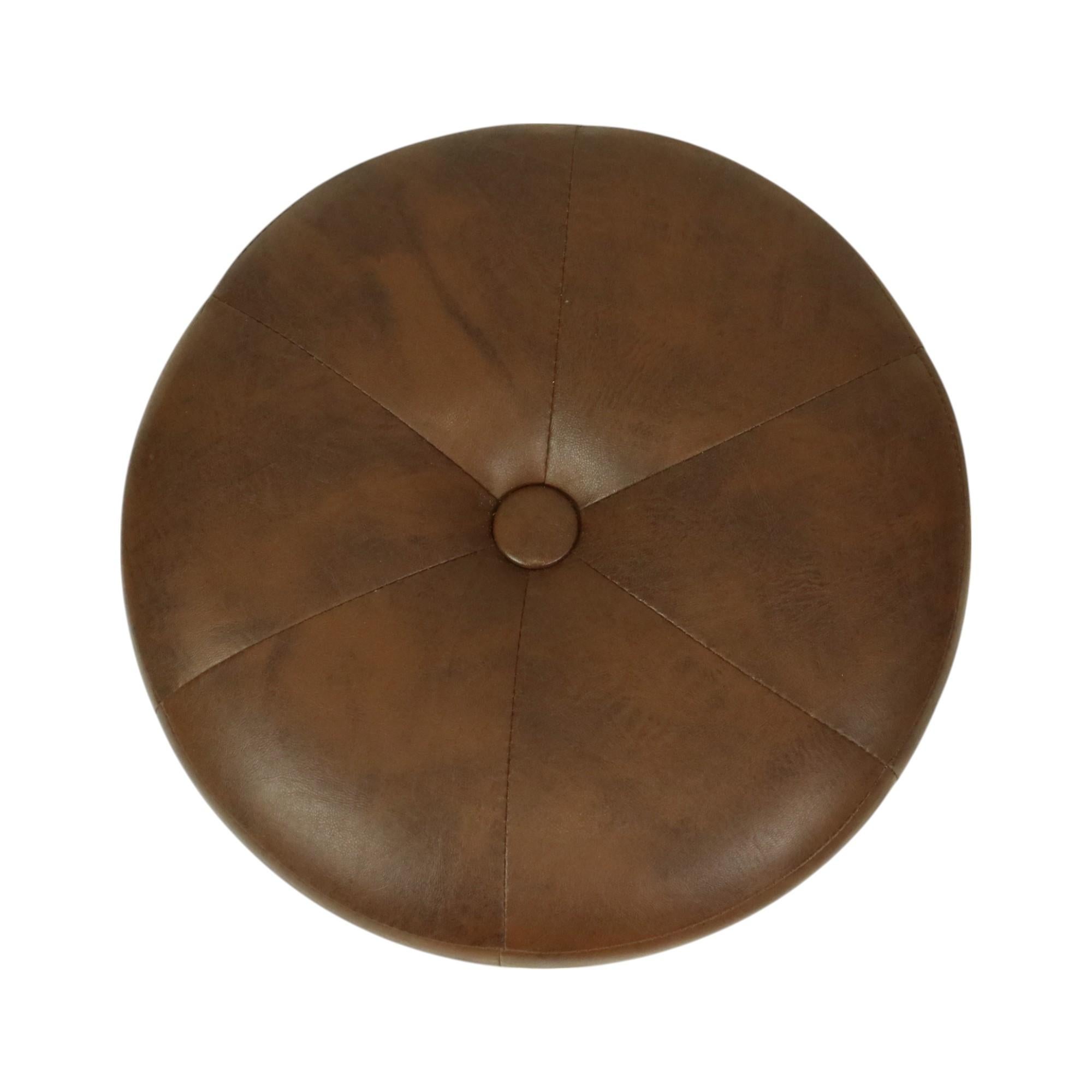 Belgian Round Vintage Wooden Pouf Brown Skai Leather Patchwork Sixties For Sale