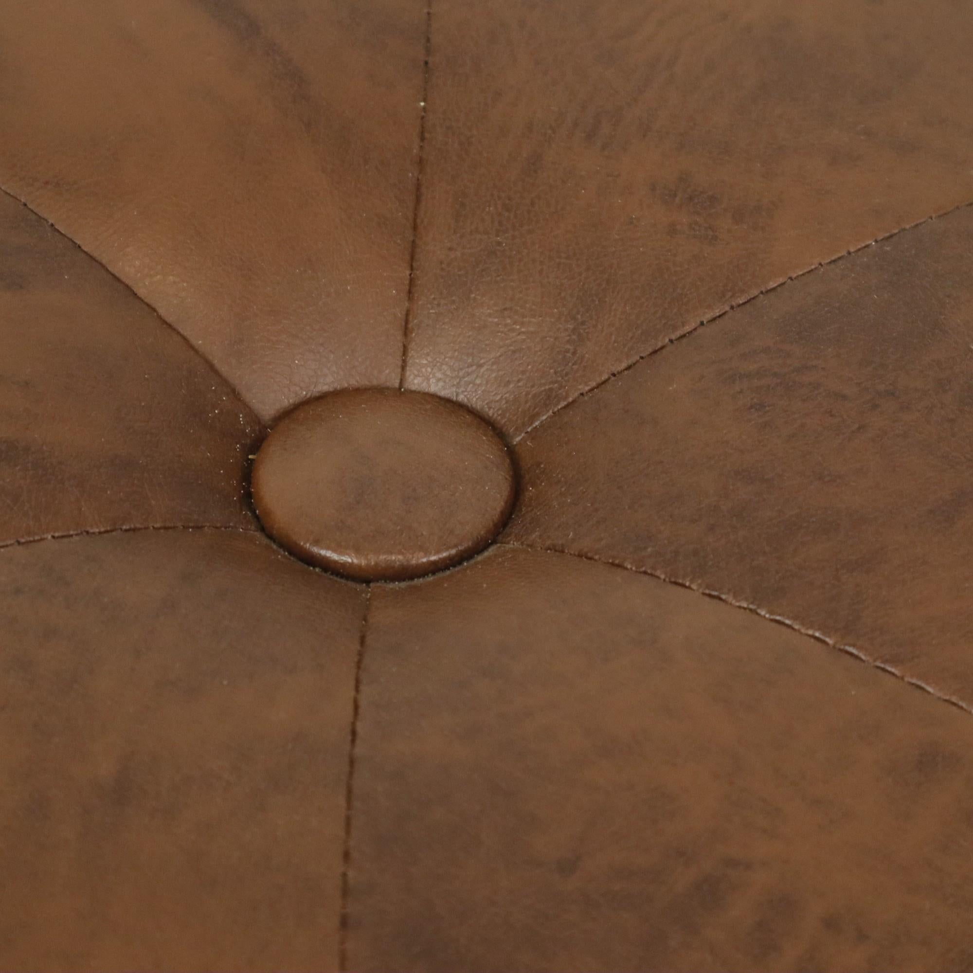 Mid-20th Century Round Vintage Wooden Pouf Brown Skai Leather Patchwork Sixties For Sale
