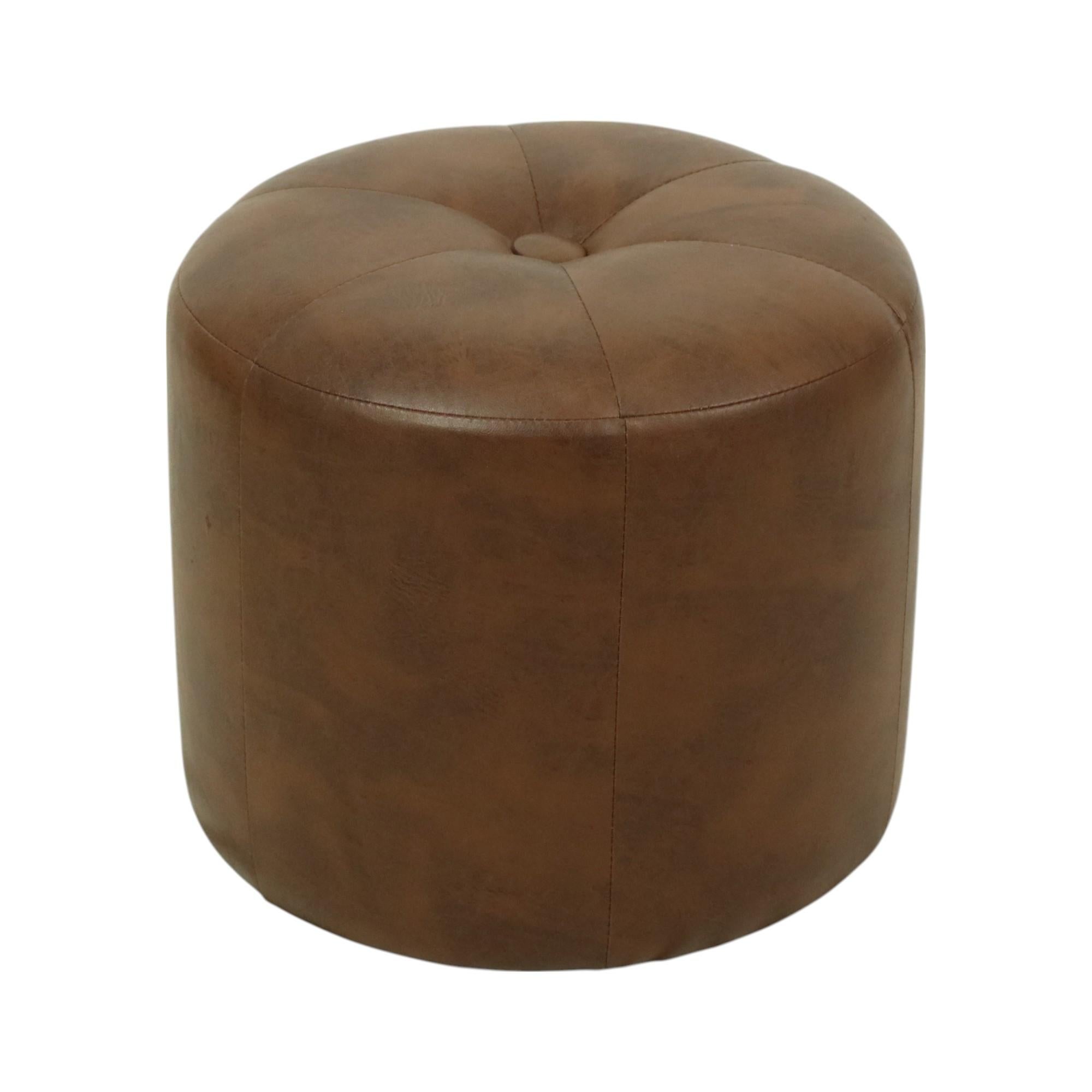 Faux Leather Round Vintage Wooden Pouf Brown Skai Leather Patchwork Sixties For Sale