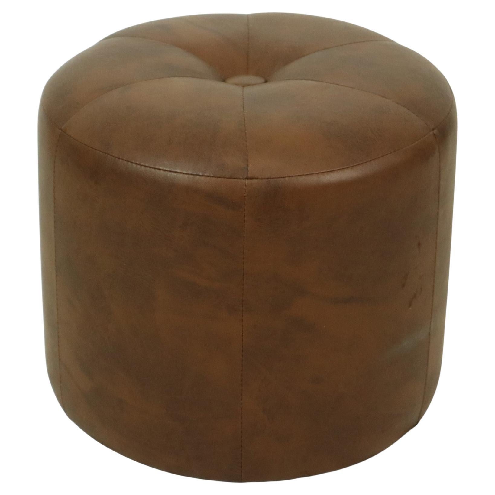 Round Vintage Wooden Pouf Brown Skai Leather Patchwork Sixties