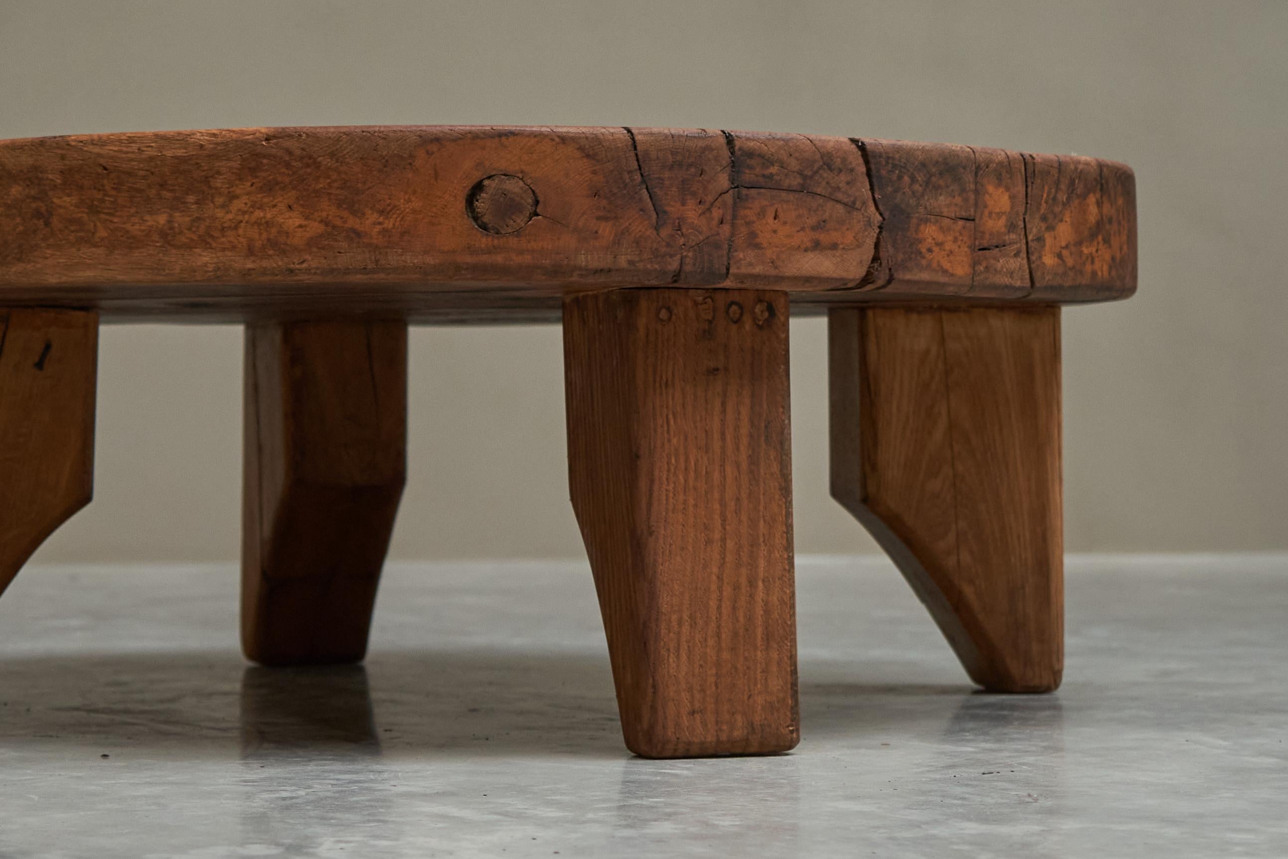 Brutalist Round Wabi Sabi Coffee Table in Solid Oak 1960s For Sale
