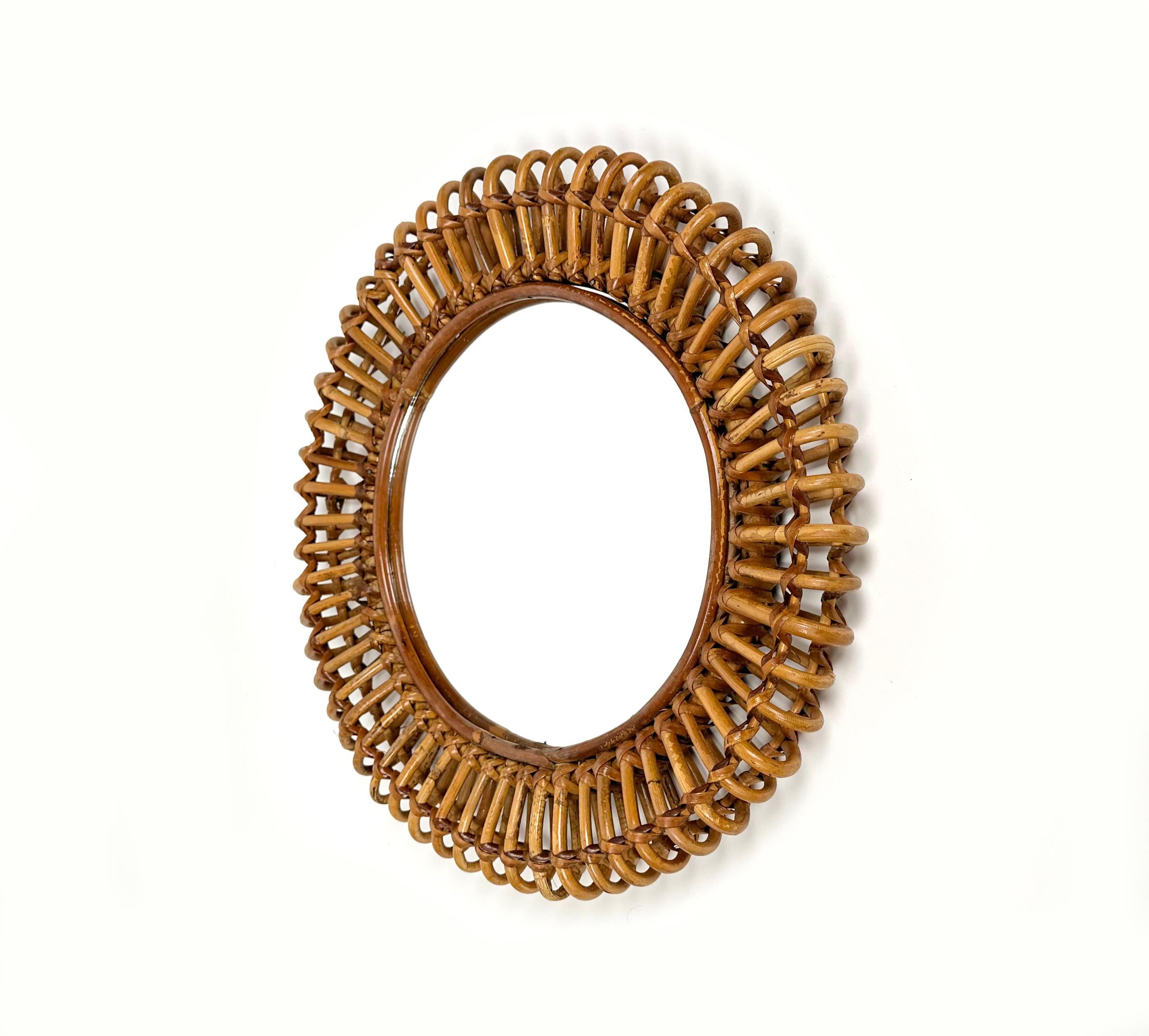 Mid-Century Modern Round Wall Mirror Bamboo and Rattan in the Style of Franco Albini, Italy 1960s For Sale