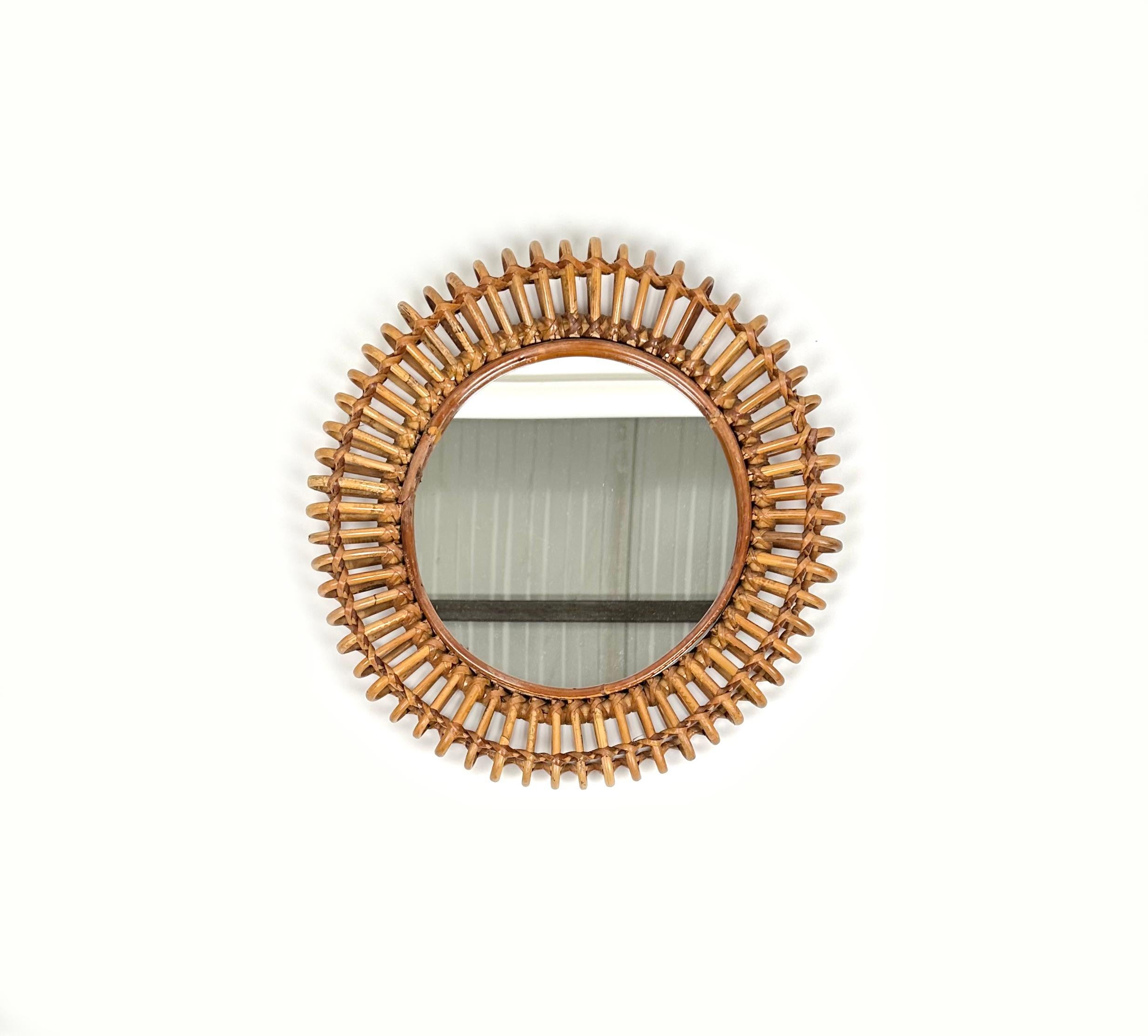Italian Round Wall Mirror Bamboo and Rattan in the Style of Franco Albini, Italy 1960s For Sale