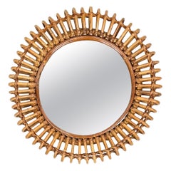 Round Wall Mirror Bamboo and Rattan in the Style of Franco Albini, Italy 1960s