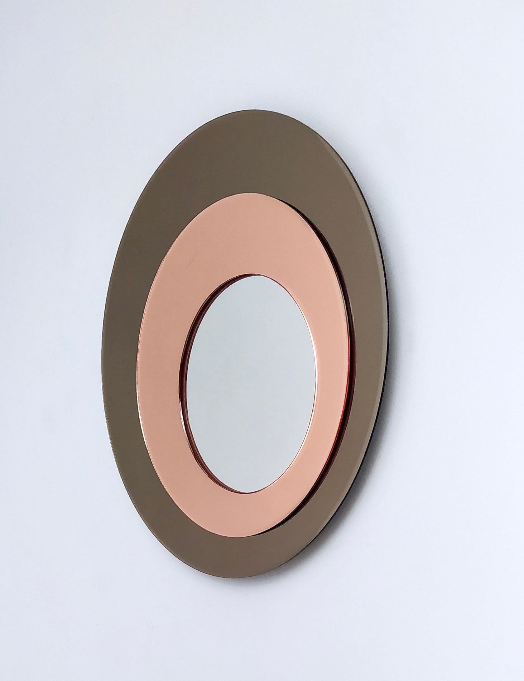 Italian VIntage Round Wall Mirror by Rimadesio with a Bronze and Old Rose Mirrored Frame