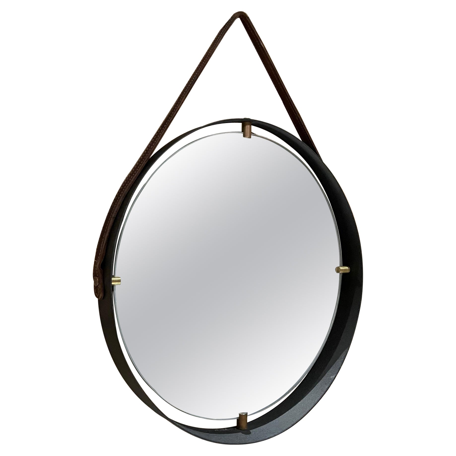 Round Wall Mirror Equestrian Leather Style of Jacques Adnet