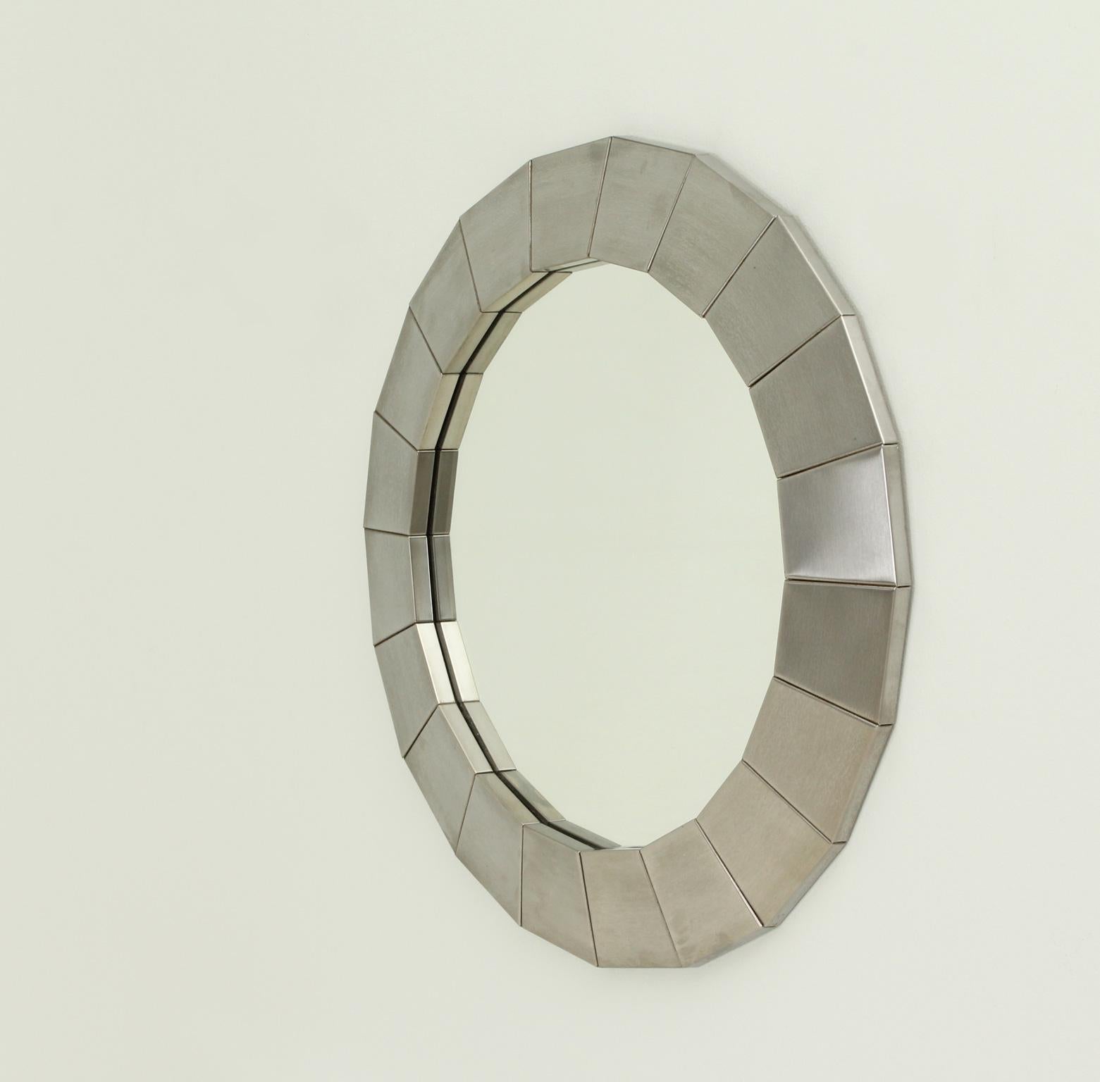 Mid-Century Modern Round Wall Mirror in Brushed Steel, Spain, 1960's For Sale