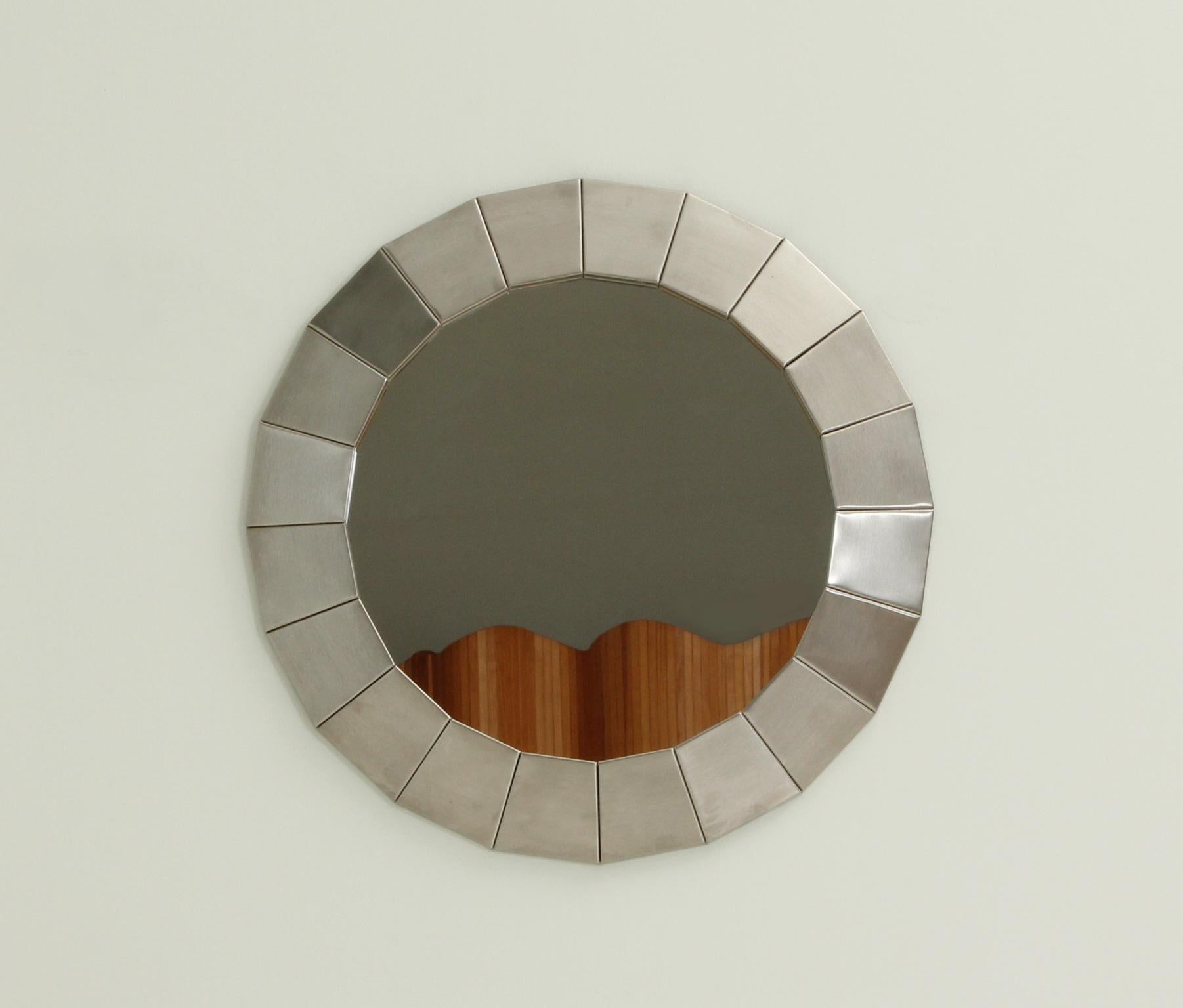Round Wall Mirror in Brushed Steel, Spain, 1960's In Good Condition For Sale In Barcelona, ES