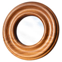 Miroir mural rond en bois d'orme, France, mi-siècle moderne