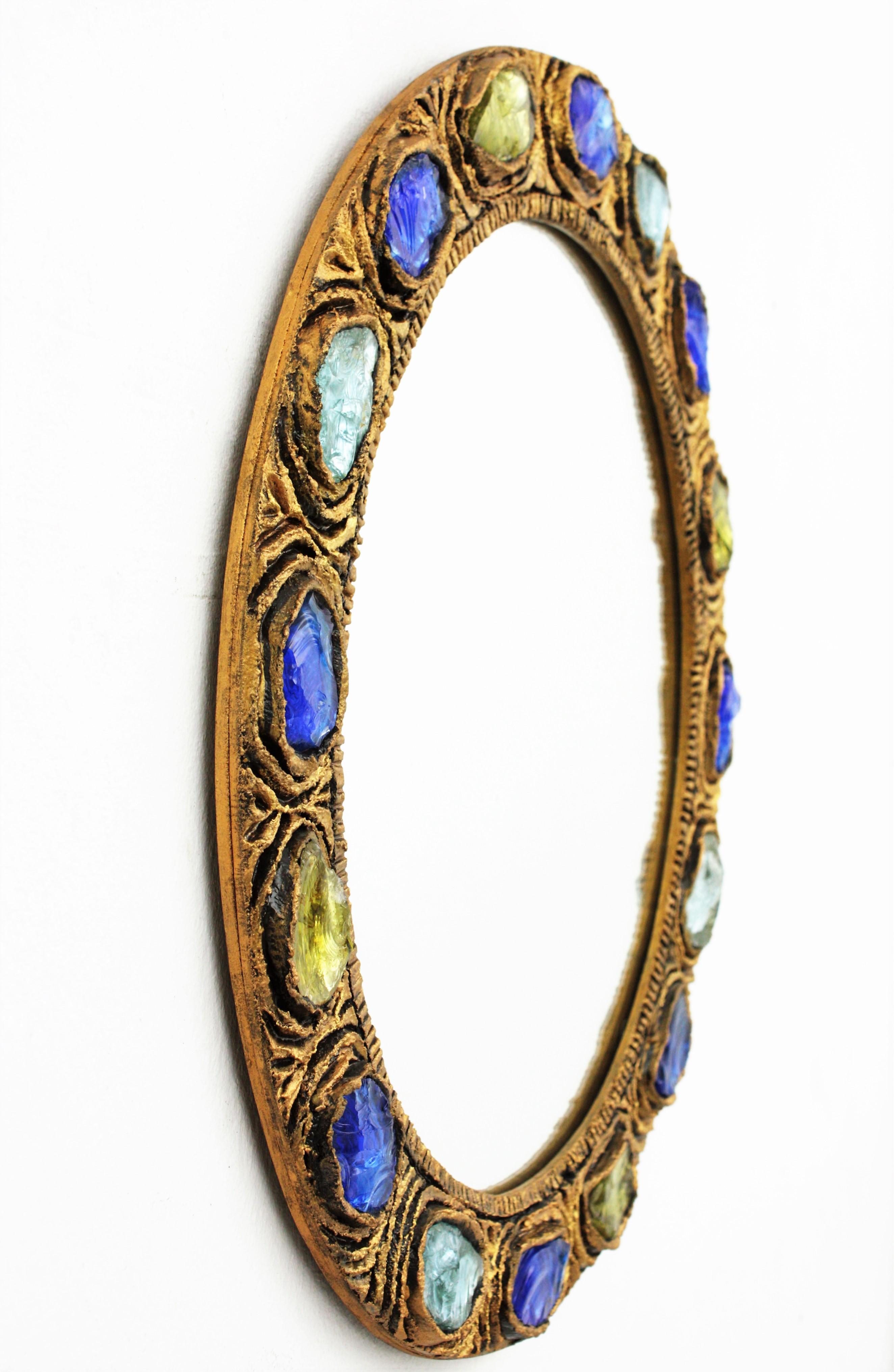 Round Wall Mirror with Blue, Yellow and Turquoise Rock Crystals 2