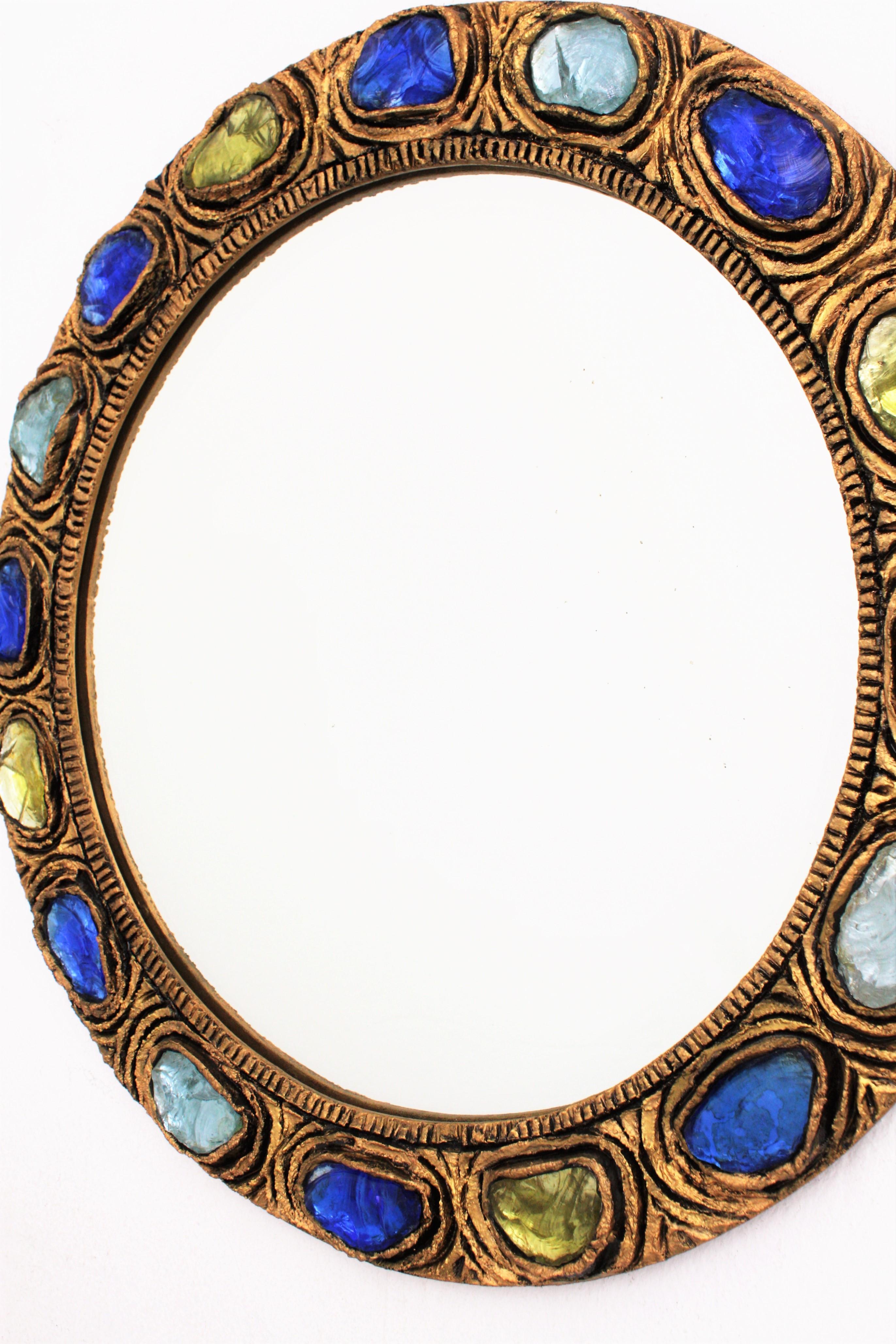 Round Wall Mirror with Blue, Yellow and Turquoise Rock Crystals 3